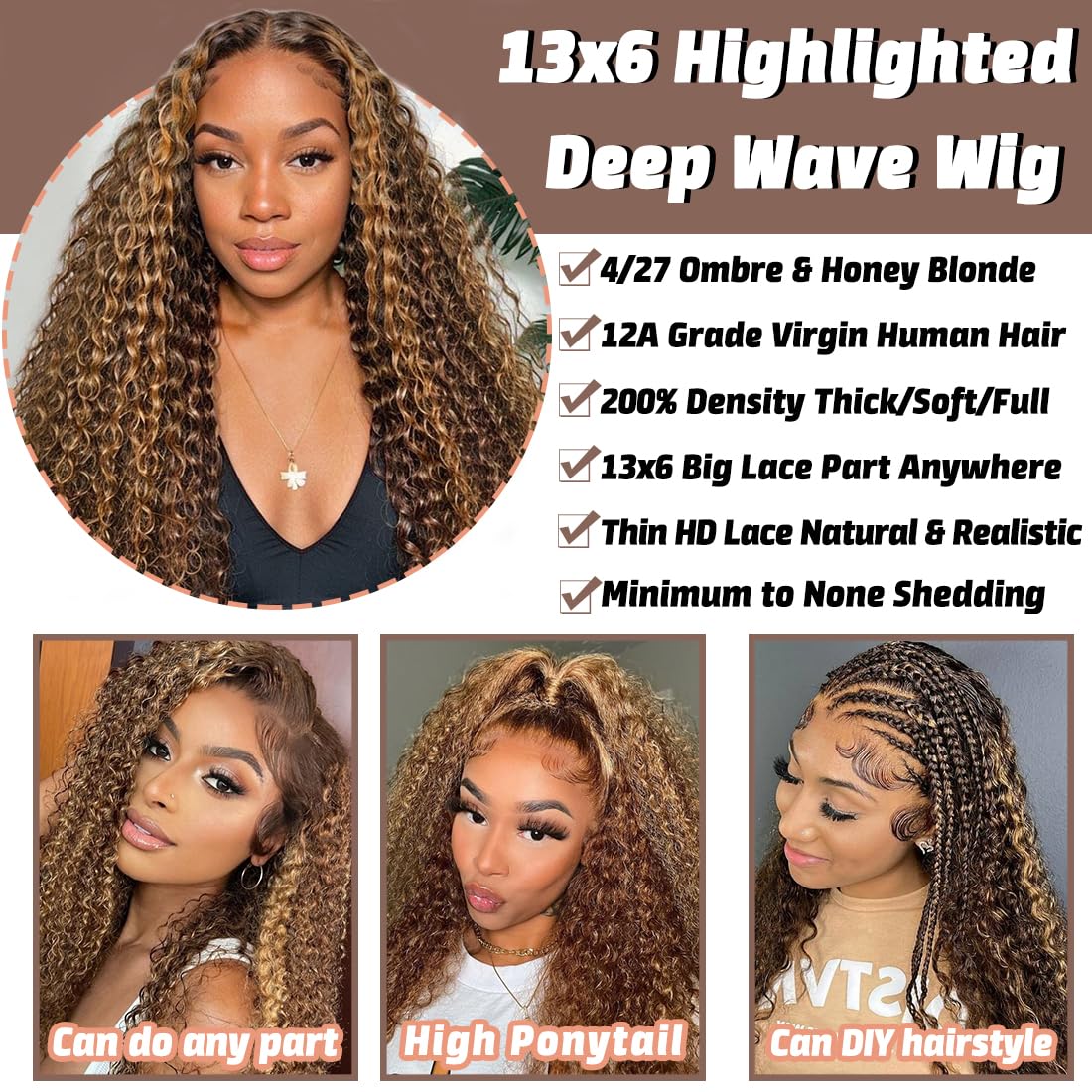 28 Inch 13x6 HD Lace Front Wig Human Hair - 200% Density 4/27 Deep Wave Ombre Honey Blonde Pre-Plucked Glueless Wig for Women | Natural Look, Daily Wear & Special Occasions