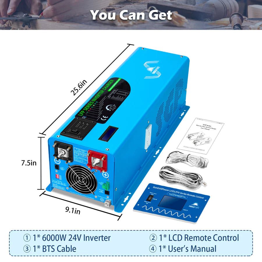 SunGoldPower 6000W 24V Pure Sine Wave Inverter with Charger - Split Phase Power Converter for RVs, Solar Systems & Off-Grid Living