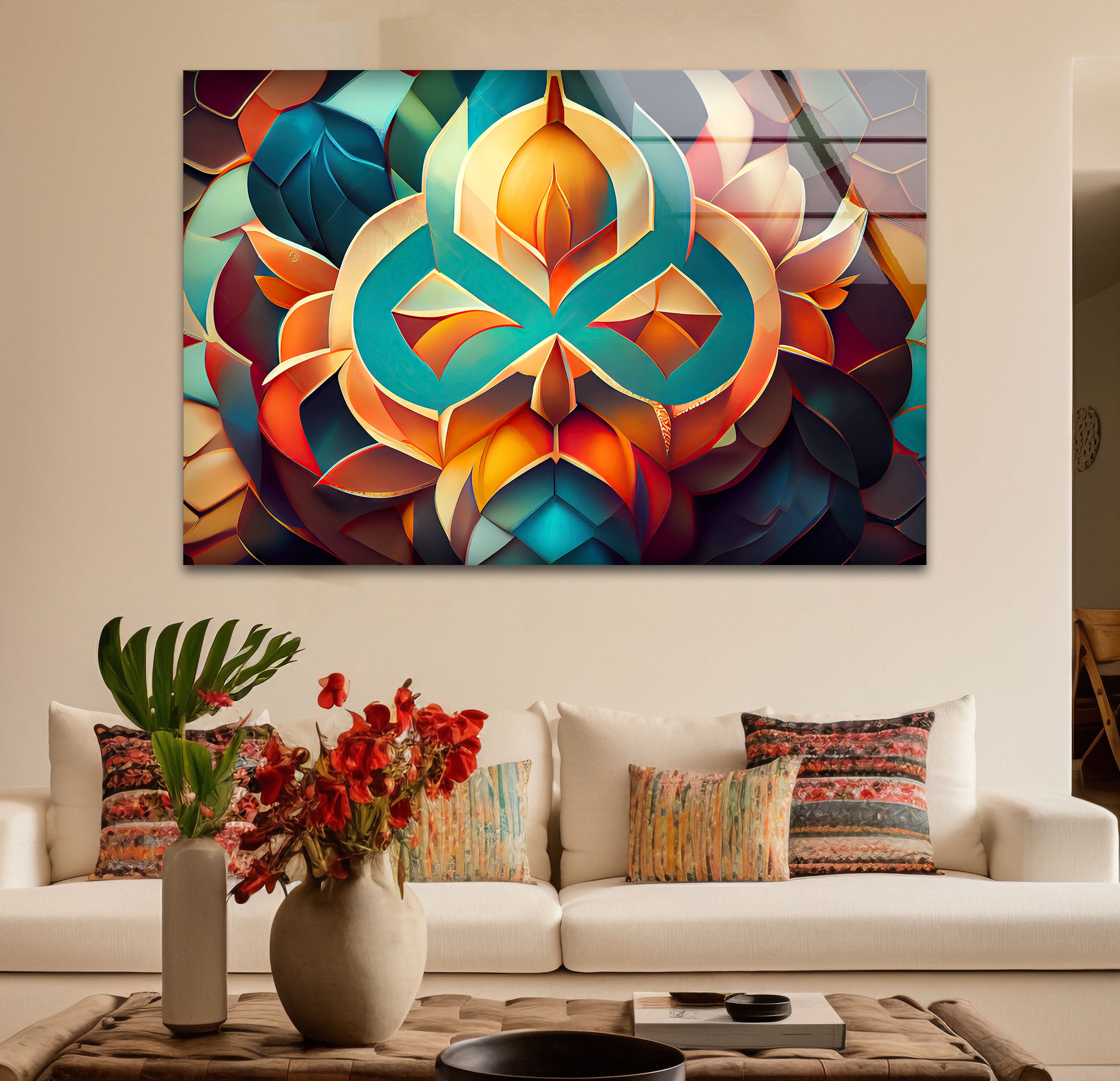 3D Geometric Mandala Glass Wall Art - Vibrant Abstract Lotus Design for Home & Office Decor | Modern Spiritual Meditation Room Decorations | Unique Gift Idea for Yoga Lovers & Art Collectors