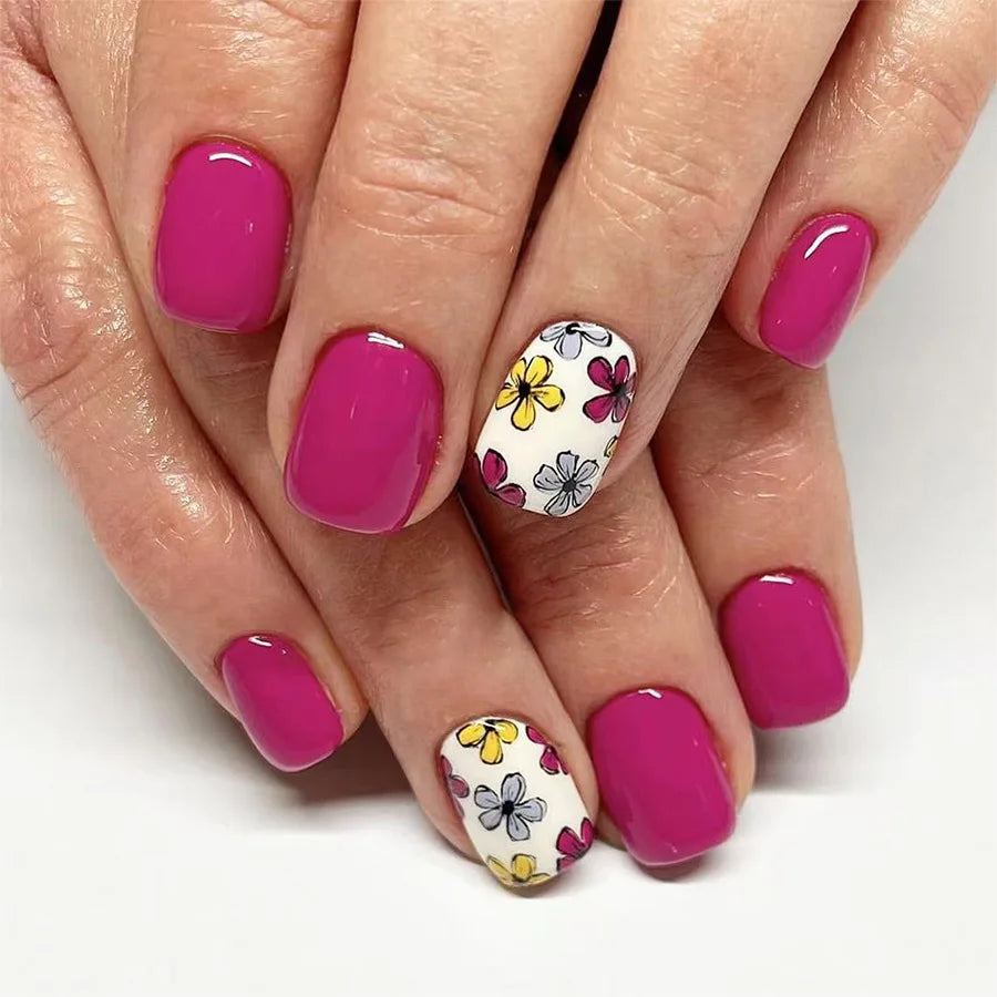 24Pcs Press on Nails - Short Square Fake Nails with Cute Flower Design, Multi Color Full Cover Nail Tips for Women | Easy to Apply, Perfect for Daily Wear, Parties & Special Occasions