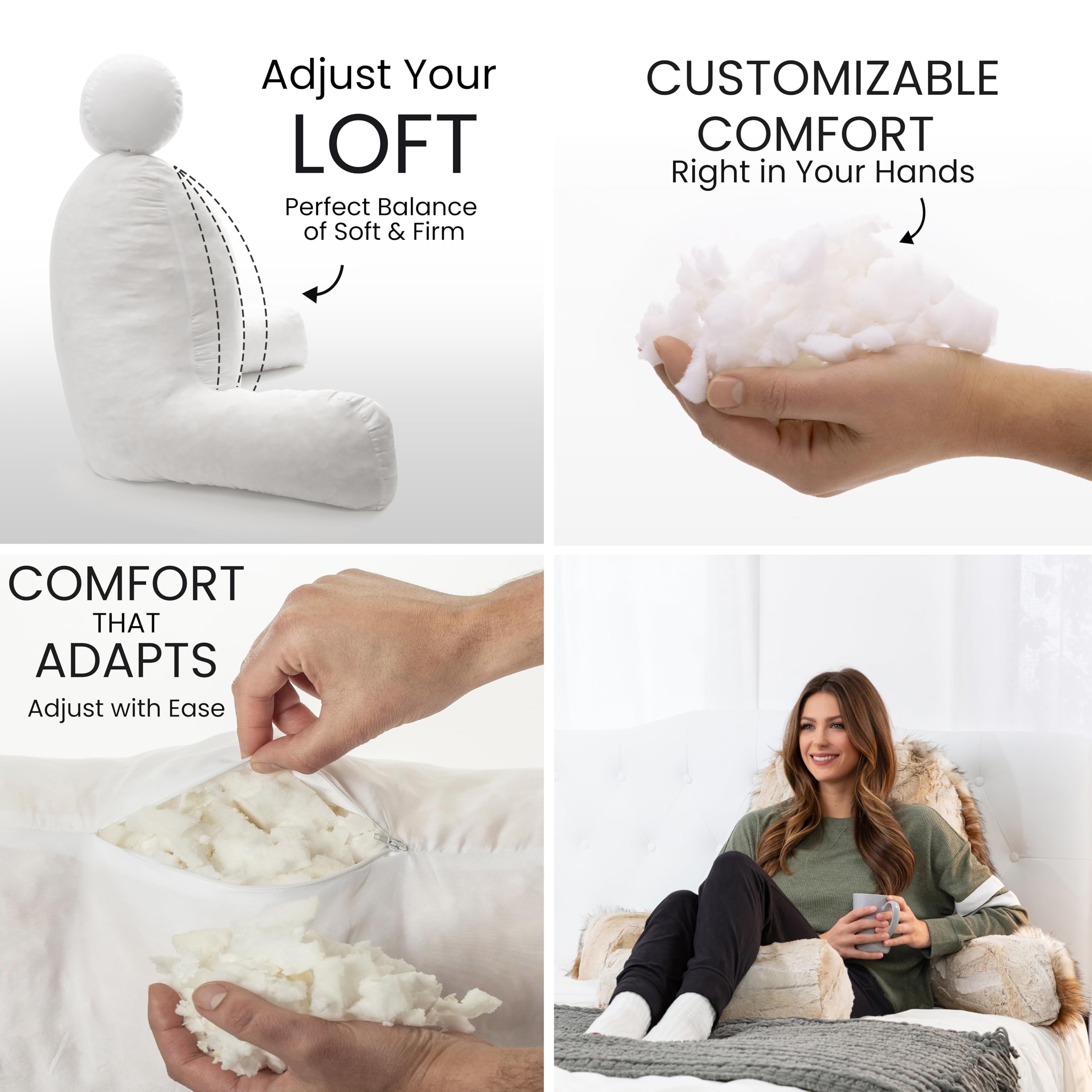 Premium Adjustable Memory Foam Husband Pillow - Reversible Two-Tone Faux Fur Backrest with Arms & Neck Roll for Reading, Bed Rest, and Sitting Comfort - Perfect for Living Room Lounging, Bedroom Relaxation, and Post-Surgery Support
