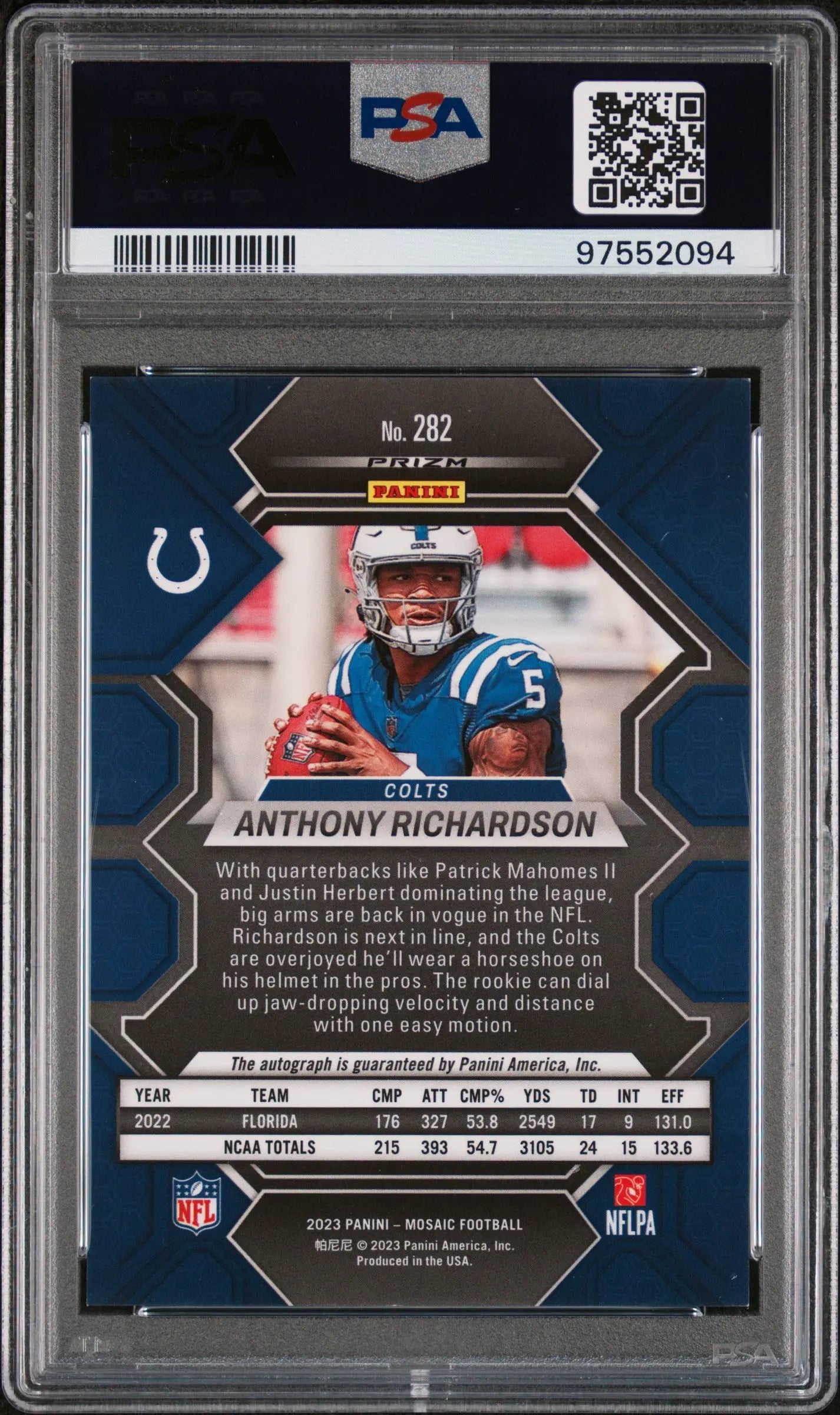 2023 Panini Mosaic Football Anthony Richardson Rookie Card Auto PSA 9 #282 - Perfect for NFL Collectors & Sports Memorabilia Enthusiasts