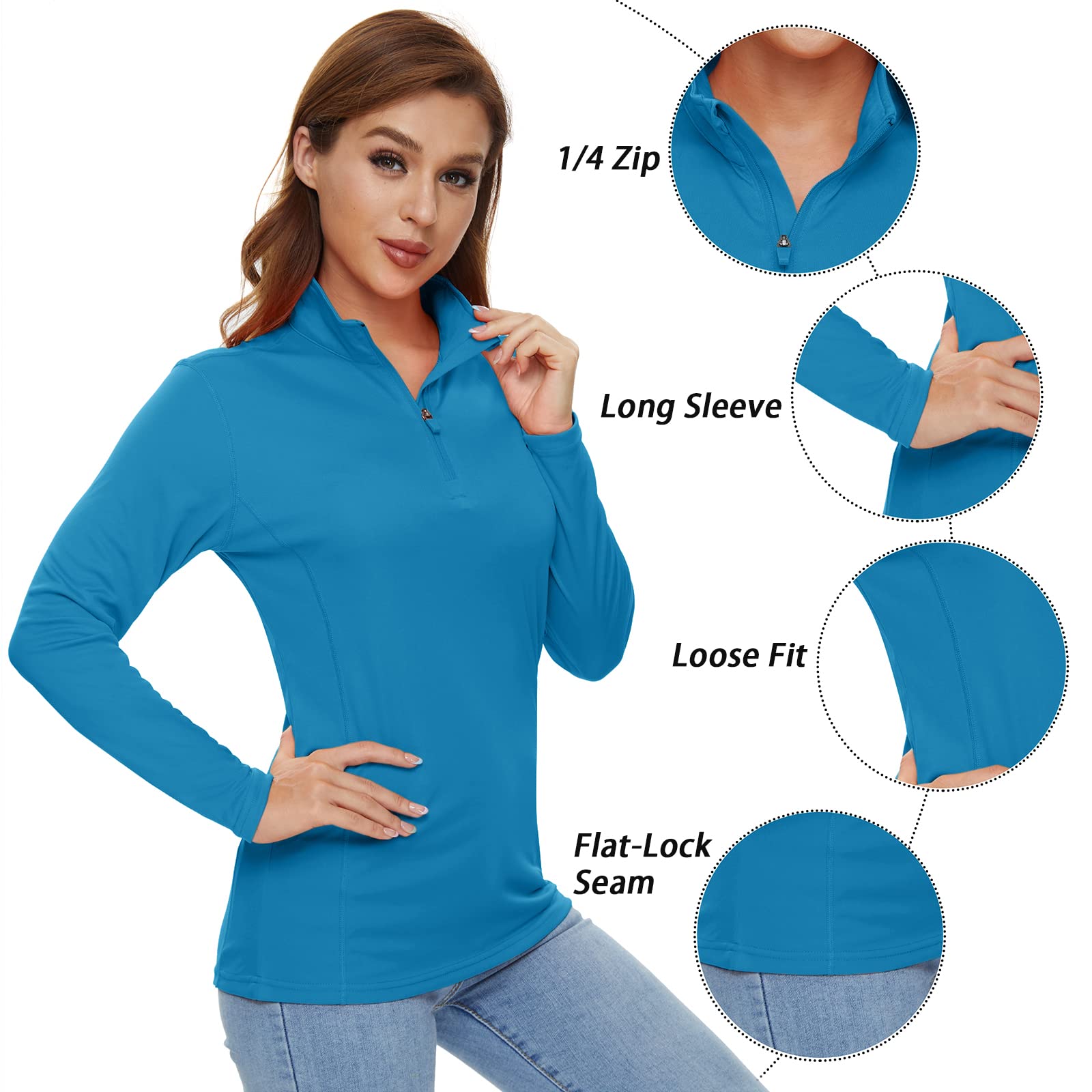 CRYSULLY Women's UPF 50+ Sun Protection Long Sleeve Shirt - 1/4 Zip Quick Dry Hiking Top for Summer Outdoor Activities, Running, Camping & Travel