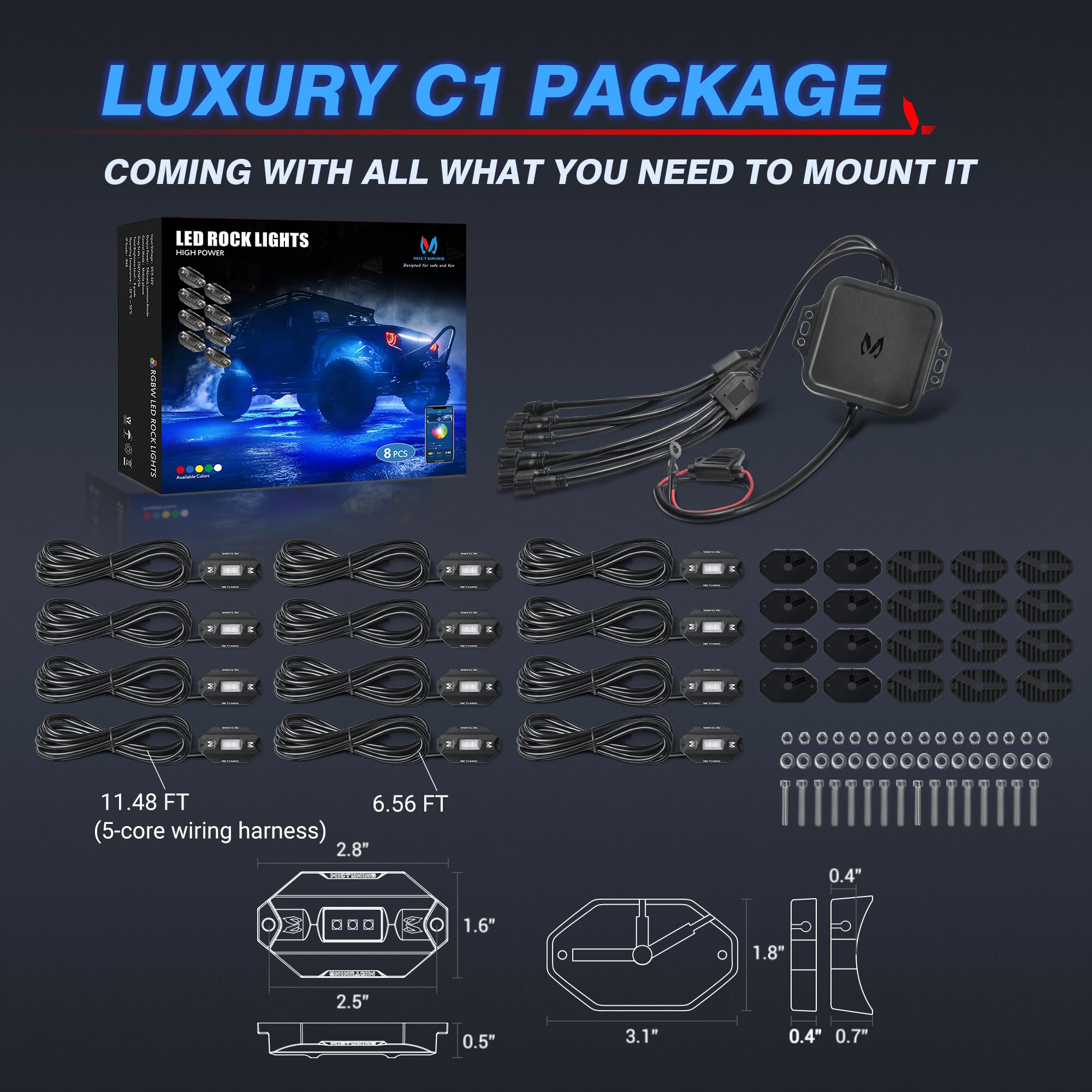 MICTUNING C1 12 Pods RGBW LED Rock Lights - Multicolor Underglow Neon Light Kit with Bluetooth & App Control for Cars, Trucks, SUVs - Off-Road, Car Shows & Night Driving