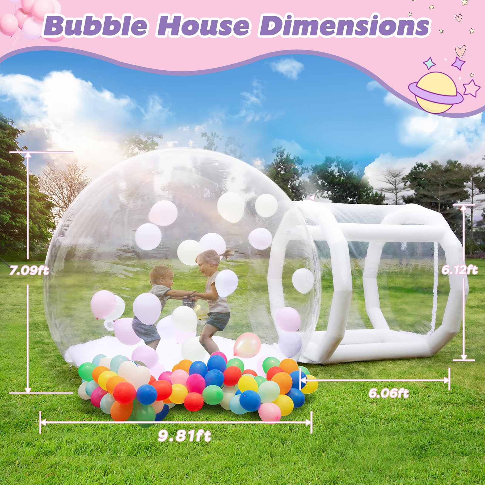 10FT Clear PVC Inflatable Bubble House Dome with Tunnel for Kids - 750W Air Blower & 600W Air Pump Included - Perfect for Birthday Parties, Backyard Play, Outdoor Events and Indoor Fun (Clear, 10FT)