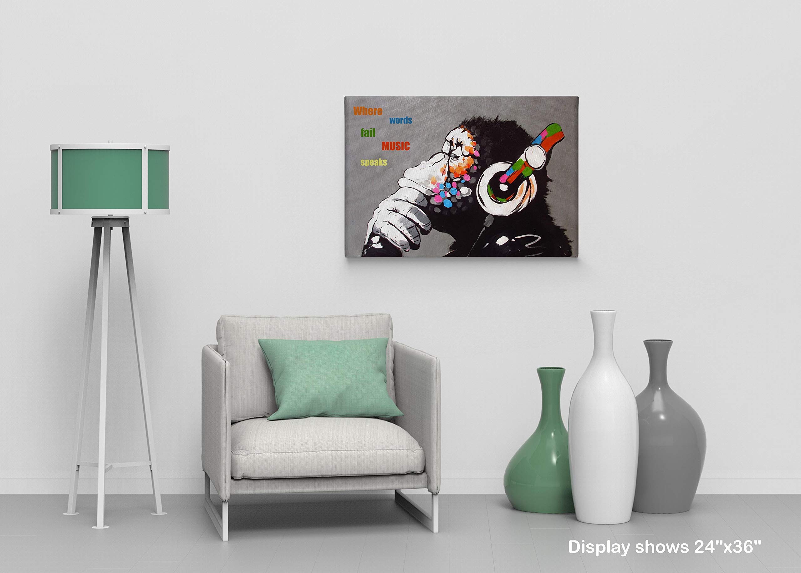 Banksy Wall Art Canvas Print - Gorilla 'Where Words Fail Music Speaks' Quote Oil Painting | Handmade in USA | 24x36 Inches | Ready to Hang Home Decor | Perfect for Living Room, Bedroom & Office Wall Art