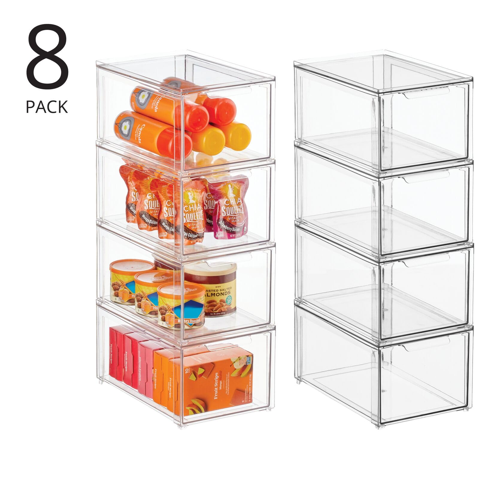 mDesign Clear Plastic Pantry Storage Bins with Pull-Out Drawers - 8-Pack Stackable Kitchen Organizers for Cabinets, Fridge & Freezer - Lumiere Collection - Perfect for Meal Prep, Grocery Storage & Home Organization