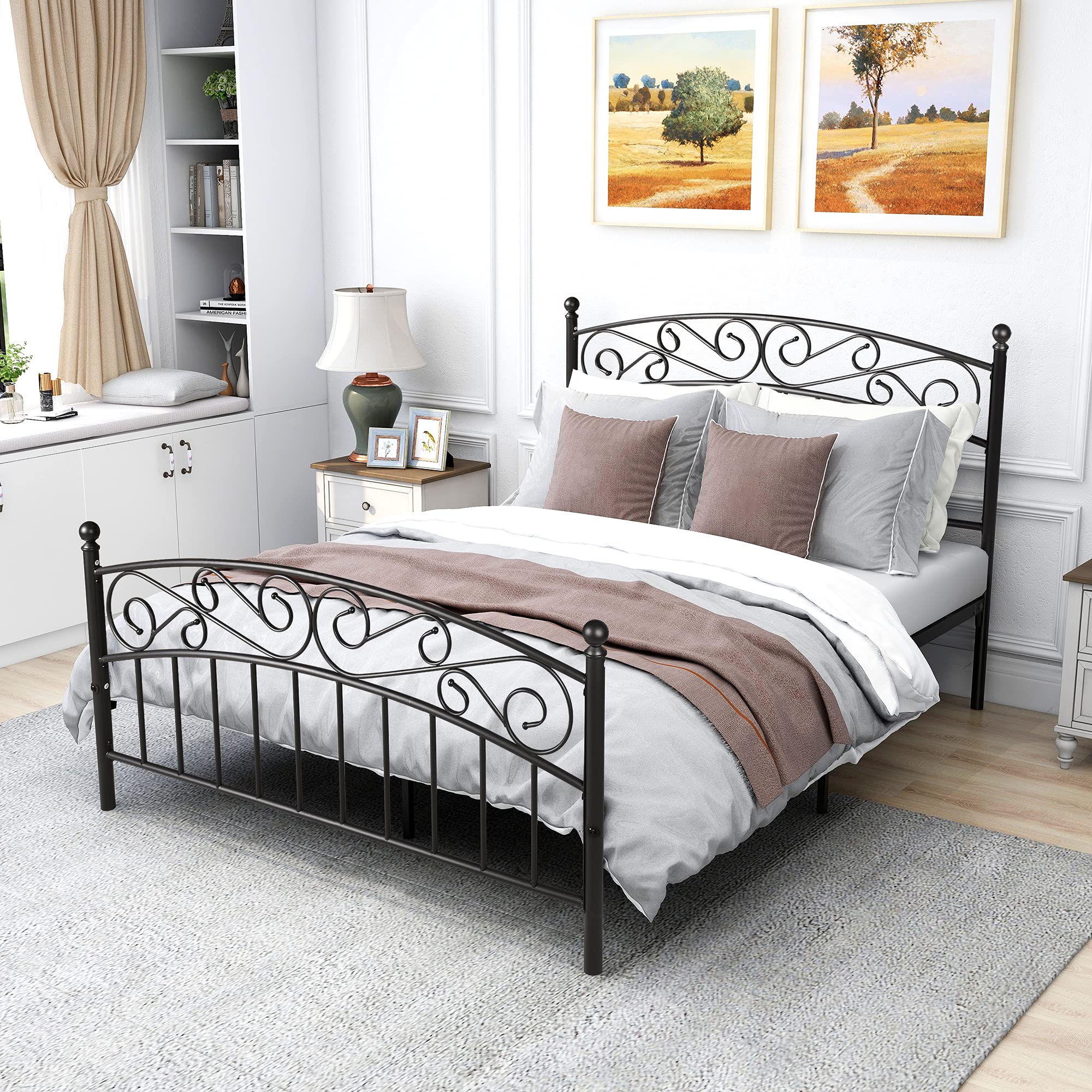 Baysitone Vintage Queen Size Bed Frame with Metal Platform - Sturdy Headboard & Footboard, Under Bed Storage, No Box Spring Needed (Black) | Perfect for Small Bedrooms, Guest Rooms & Modern Farmhouse Decor