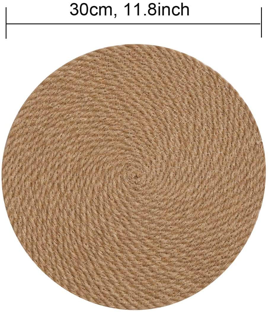 SHACOS 12 Inch Round Natural Jute Placemats - Set of 4 Heat Resistant Woven Table Mats for Farmhouse Kitchen Decor - Eco-Friendly Braided Placemats for Dining Table, Coffee Table, and Home Decor (Brown)