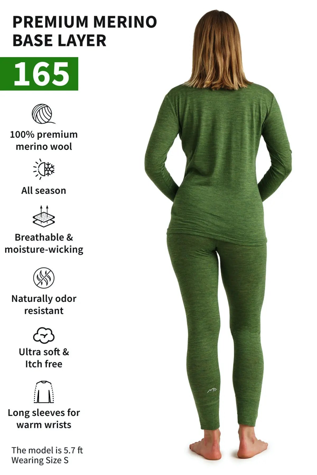 Women's Merino Wool Thermal Underwear Set - 165 Olive Green - Warm Base Layer for Winter, Hiking & Outdoor Activities