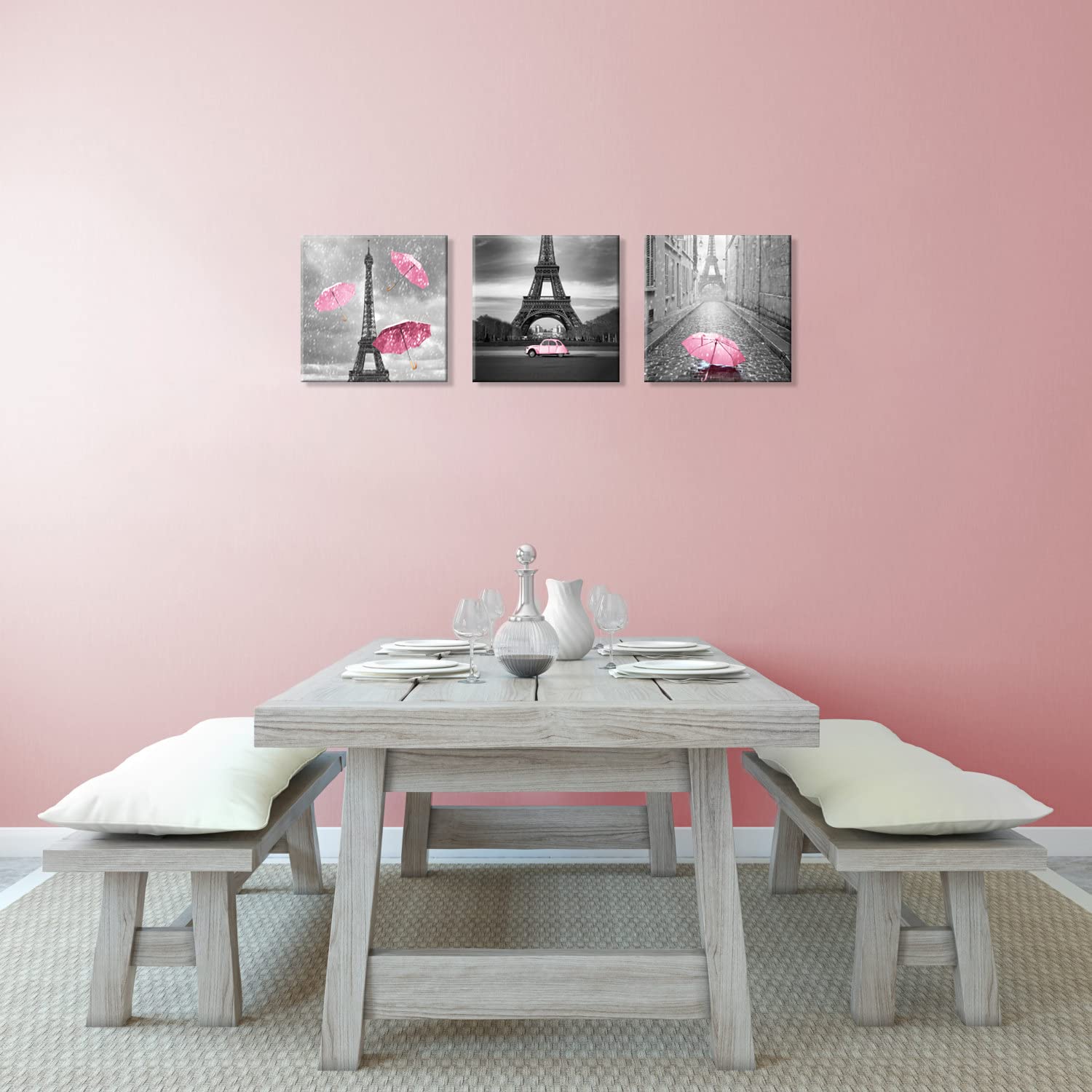 3-Piece Black and White Canvas Wall Art Set - Paris Theme Oil Painting Print with Eiffel Tower & Umbrella - Perfect for Living Room, Bedroom, Bathroom & Girls' Pink Room Decor | Wall Decor for Home, Office & Gift Giving