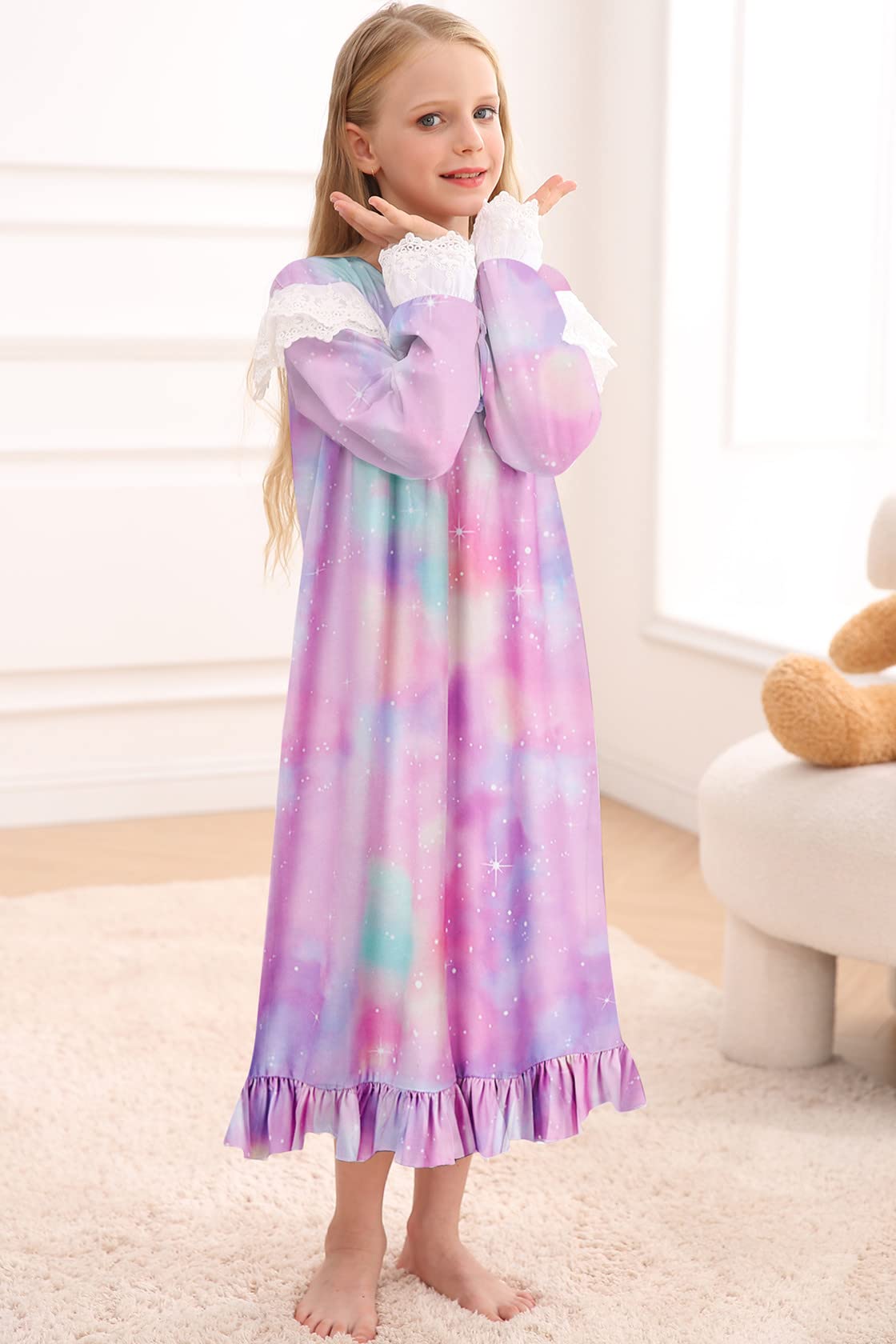 Lovekider Girls Christmas Nightgowns - Cute Lace Xmas Pajamas Dress Long Sleeve Princess Nightdress for Holiday Sleepwear (4-12 Years) | Perfect for Christmas Eve, Winter Sleepovers & Family Photos
