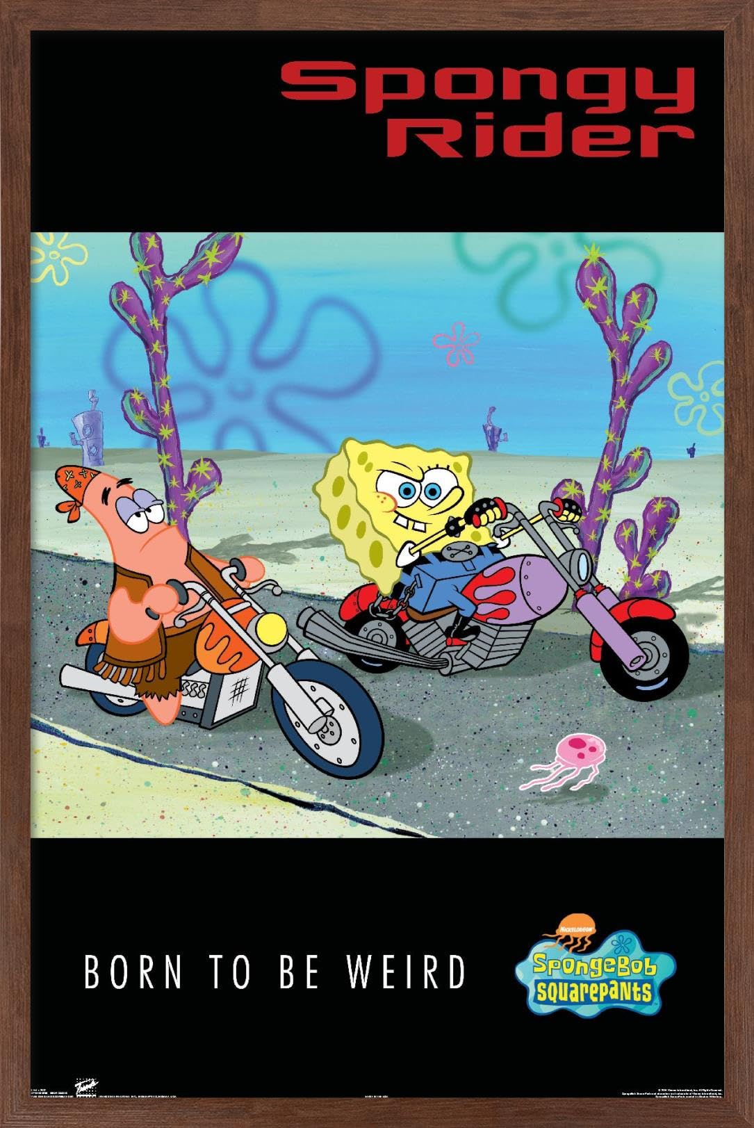 Trends International Nickelodeon Spongebob Biker Wall Poster - 22.375 x 34 Inches, Mahogany Framed Version - Perfect for Kids' Room Decor, Teen Bedroom, and Cartoon Lover Gifts