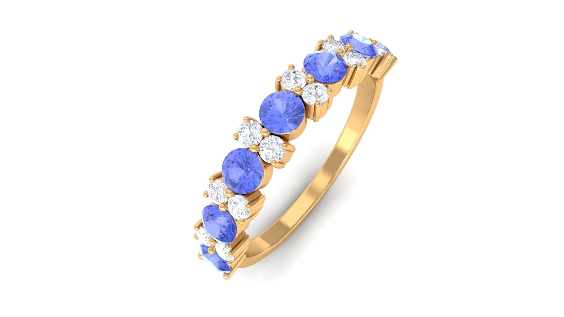 1.50 CT Tanzanite & Diamond 14K Solid Gold Half Eternity Ring for Women - Elegant Tanzanite Cluster Semi Eternity Band for Anniversary, Engagement & Special Occasions