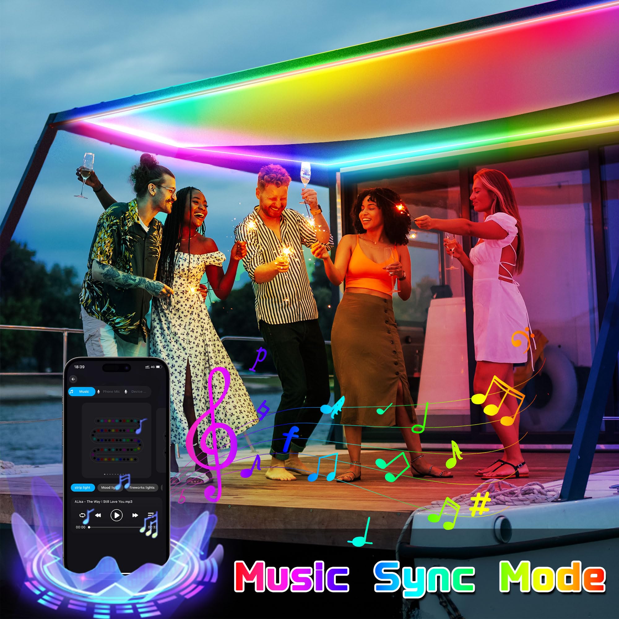 RGB+IC Marine LED Strip Lights for Boats - 12V Waterproof Boat Lighting with Remote & App Control, Perfect for Pontoon, Jon Boat, Bass Boat, RV, Camper (33ft) | Enhance Night Cruising & Party Atmosphere