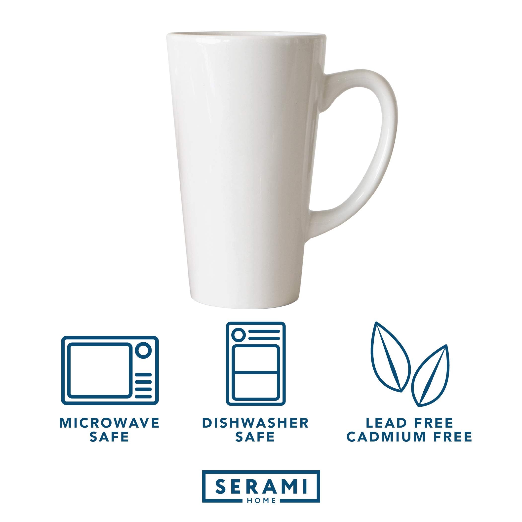 Serami 15oz White Ceramic Coffee Mugs with Large Handles - Set of 2 Tall Funnel-Shaped Mugs for Home, Office, or Cafe Use