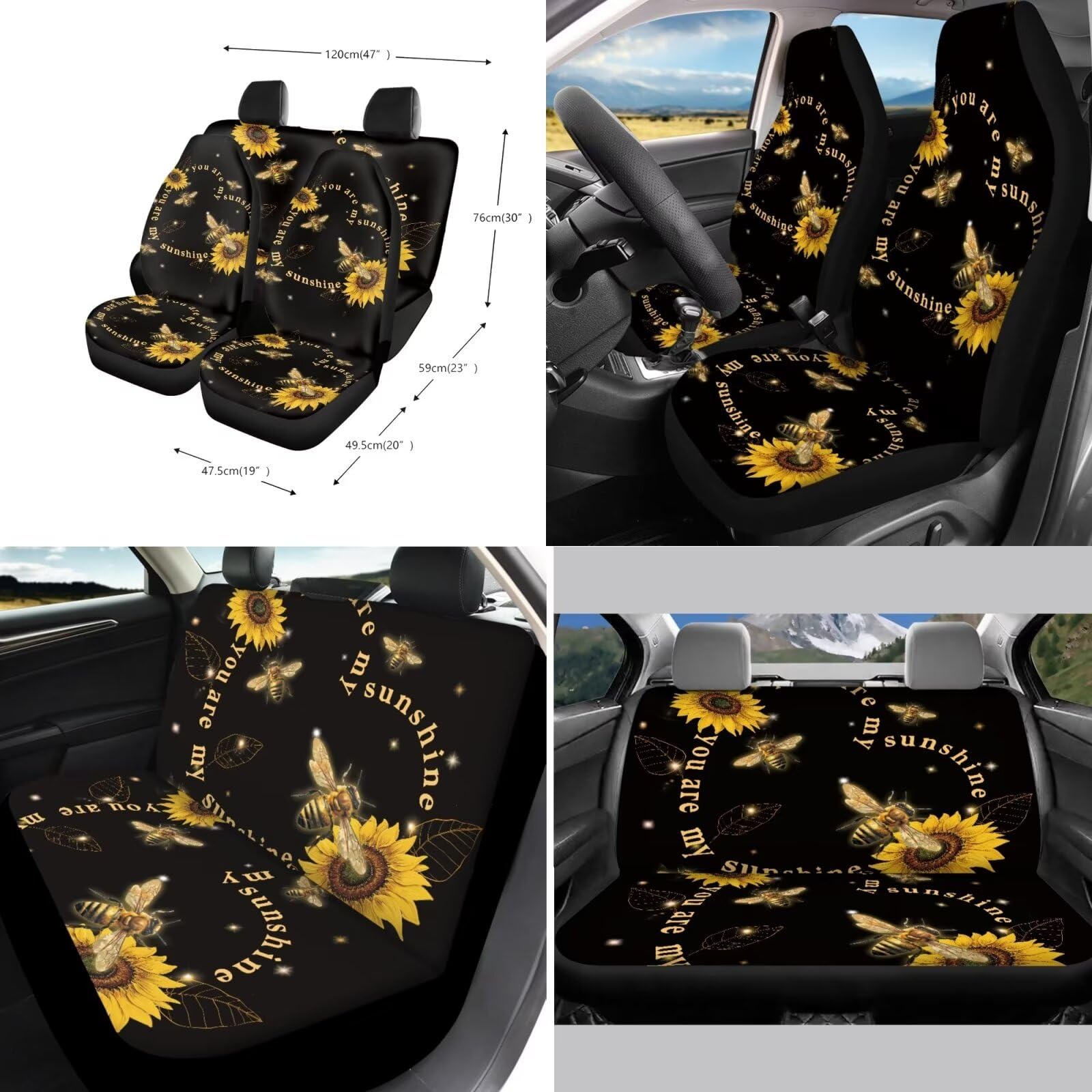 Xoenoiee Bee Sunflower Pattern 11-Piece Universal Car Seat Cover Set - Car Interior Accessories with Steering Wheel Cover, Seat Belt Pads, Coasters & Keychain for Sedan, SUV, Truck - Home & Office Car Decor Gift