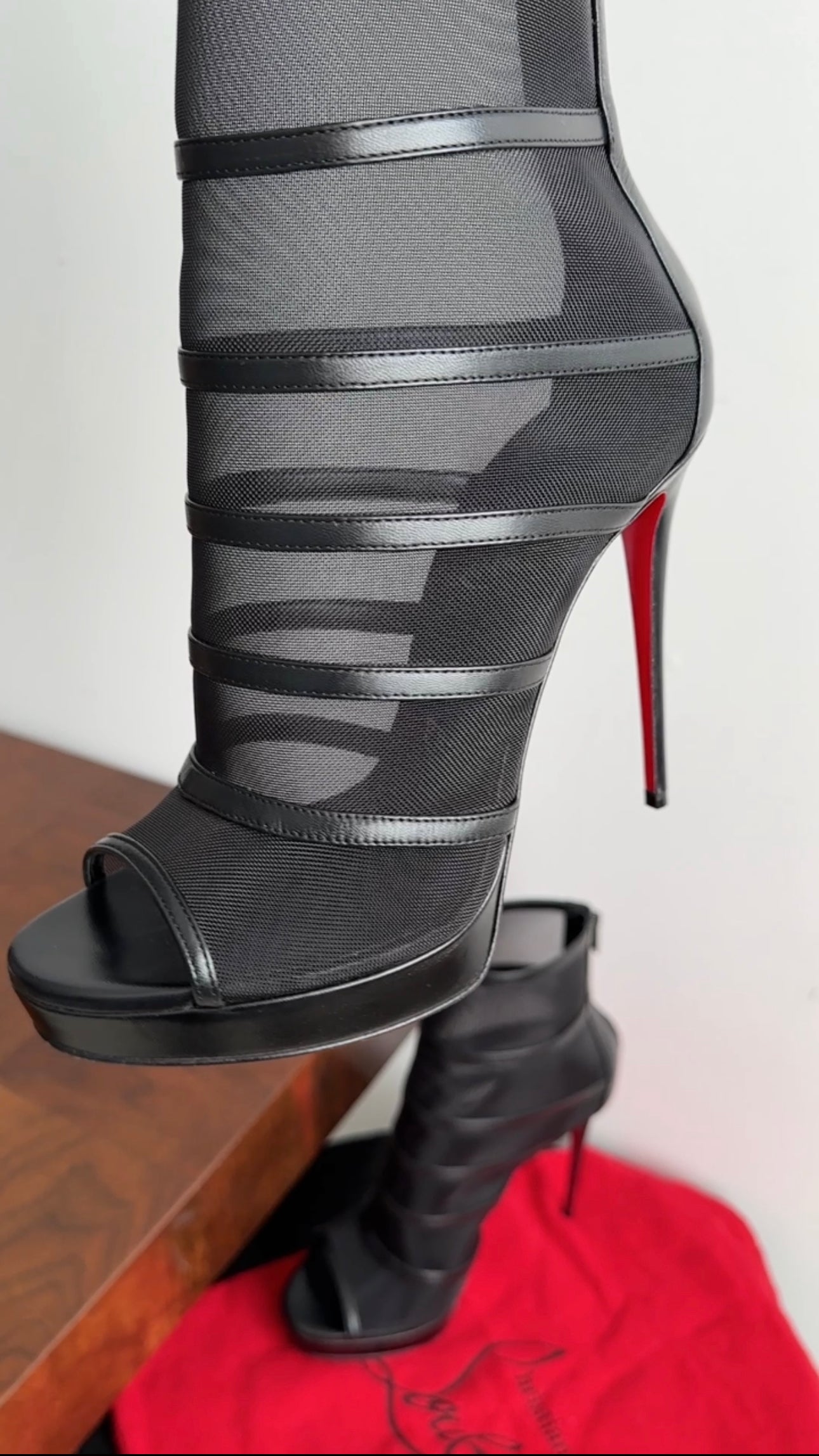 Christian Louboutin Black Leather & Mesh Doux Voile 120 Booties - Women's High Heel Ankle Boots Size 38 | Perfect for Evening Parties & Date Nights