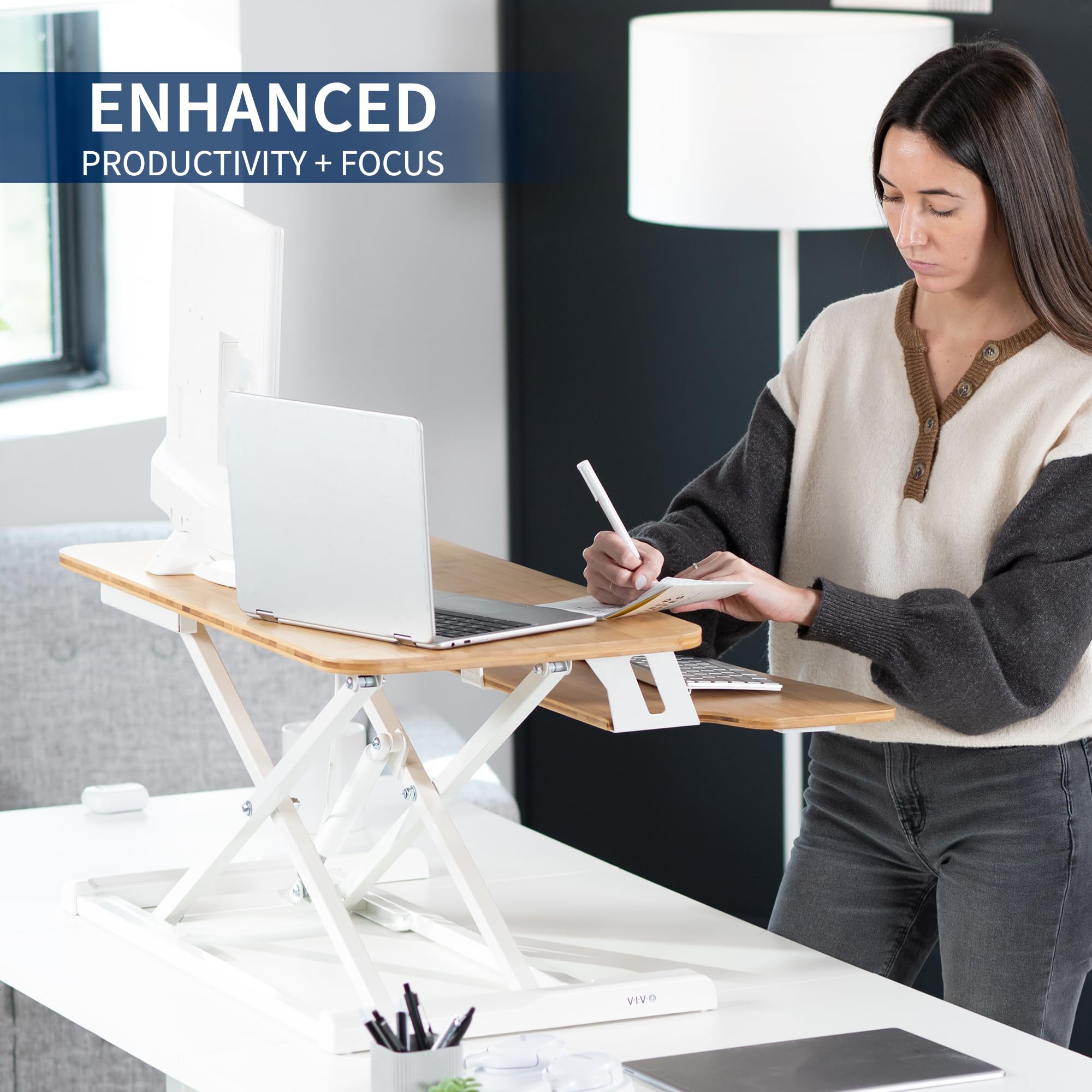 VIVO K Series 32 Inch Height Adjustable Sit to Stand Desk Converter - Dual Monitor & Laptop Workstation with Wide Bamboo Keyboard Tray, White Frame (DESK-V000KO) for Home Office, Gaming & Ergonomic Workspace Setup