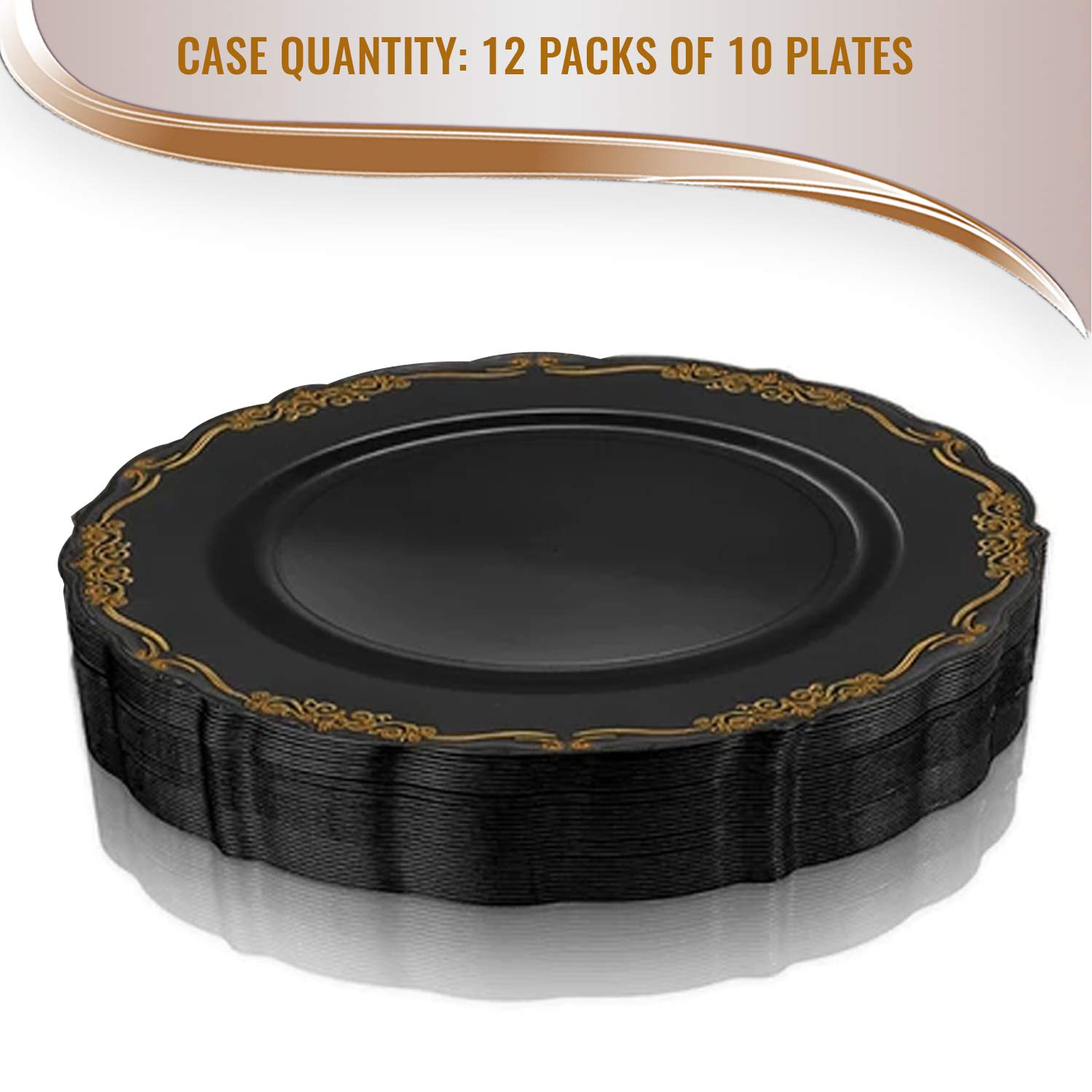 Elegant Disposable Plastic Plates for Party - Black & Gold, 120 Pack (7.5
