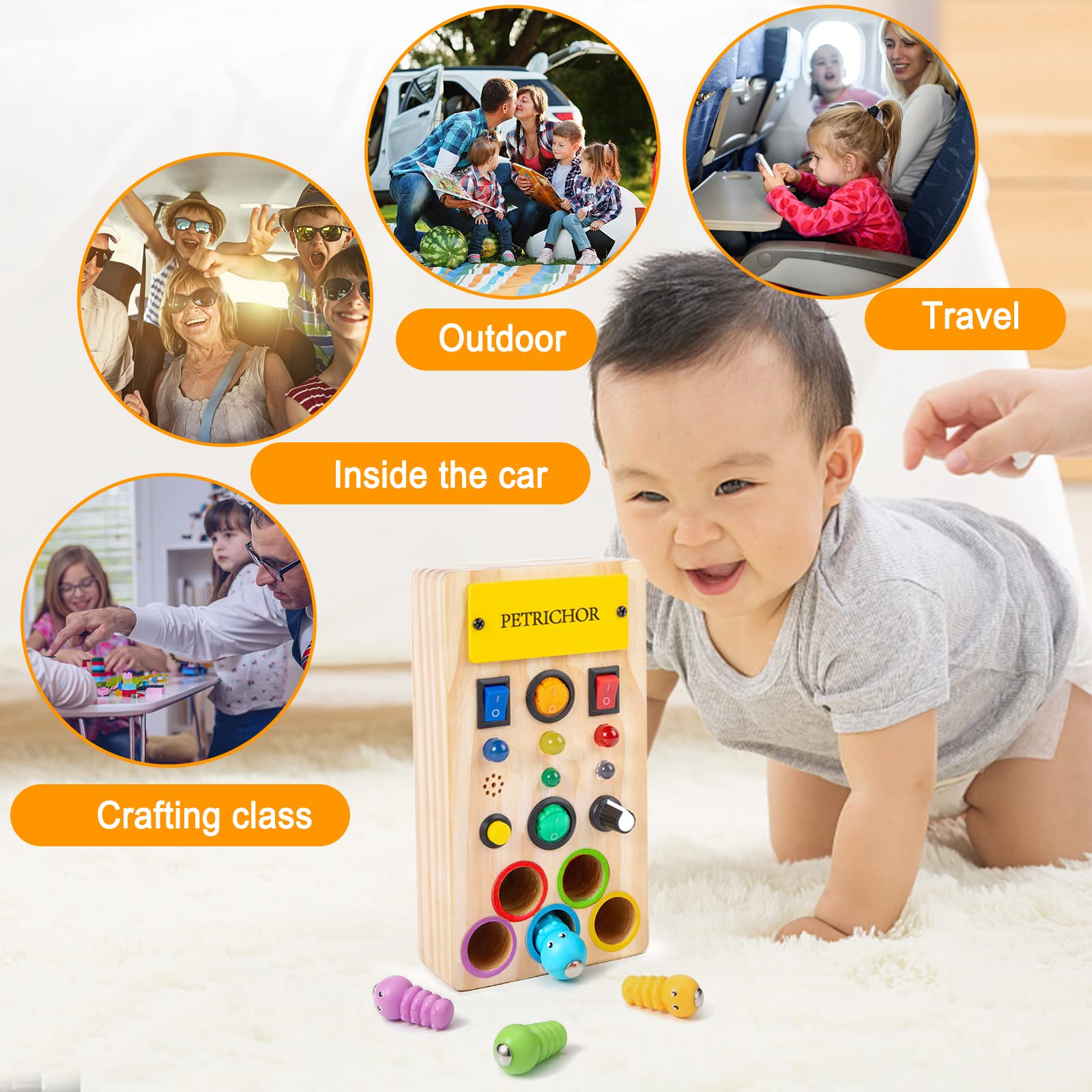 LED Light Busy Board - Montessori Sensory Toy with Toggle Switch, Fidget Toys for Toddlers, Fishing Game & Sound Knob - Handmade Wooden Travel Activity Board for 1 2 3 4 Year Old Boys & Girls - Perfect for Airplane, Car Rides & Quiet Playtime