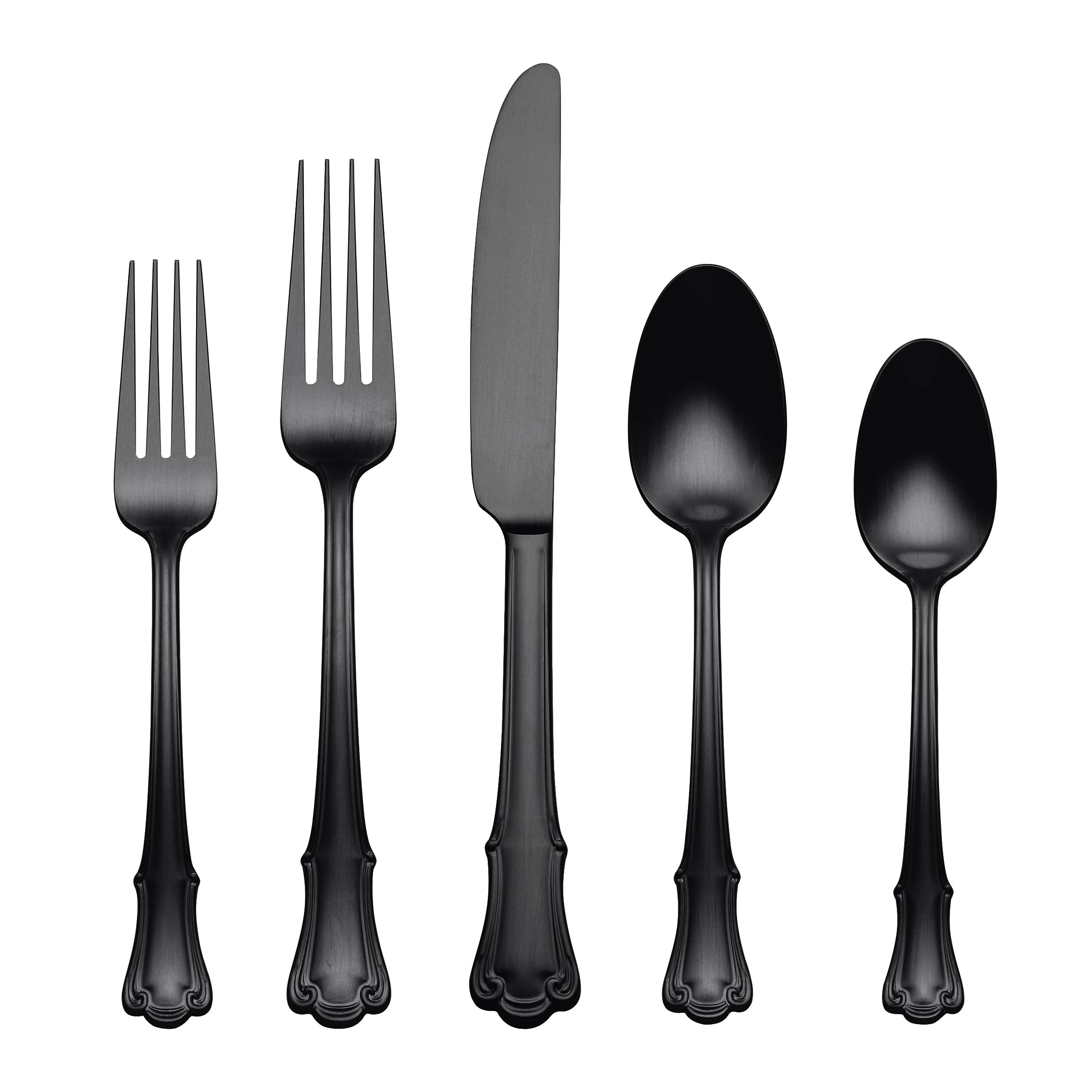 James Street Black Satin 20-Piece Flatware Set - Elegant Stainless Steel Cutlery for Dining, Wedding, and Formal Dinner Parties