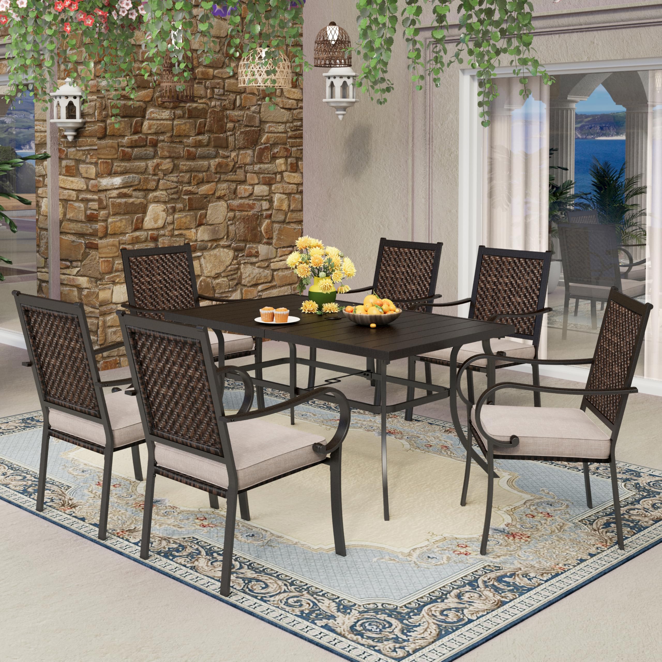 MFSTUDIO 7-Piece Outdoor Patio Dining Set - 6 Rattan Wicker Chairs with Rectangular Metal Table, Adjustable Umbrella Hole - Perfect for Backyard, Garden, Poolside & Outdoor Entertaining
