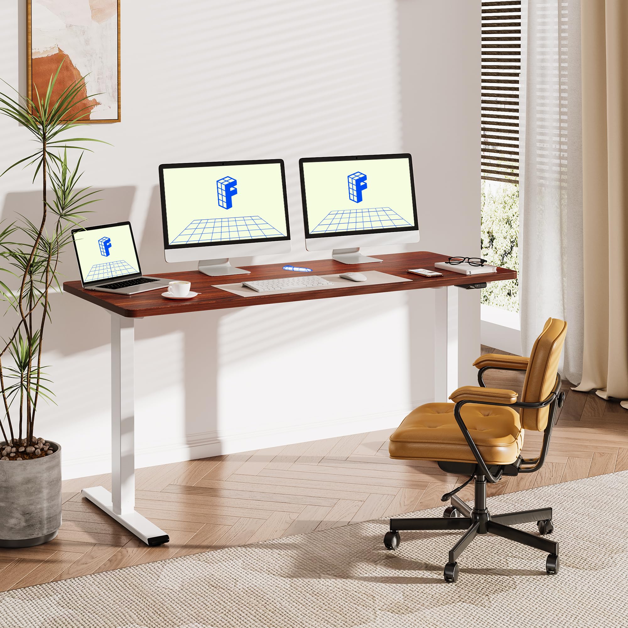 FLEXISPOT EN1 Electric Standing Desk 60x24 Inches - Adjustable Height Sit Stand Desk for Home Office, White Frame & Mahogany Desktop (2 Packages) | Ergonomic Workstation for Remote Work & Gaming Setup