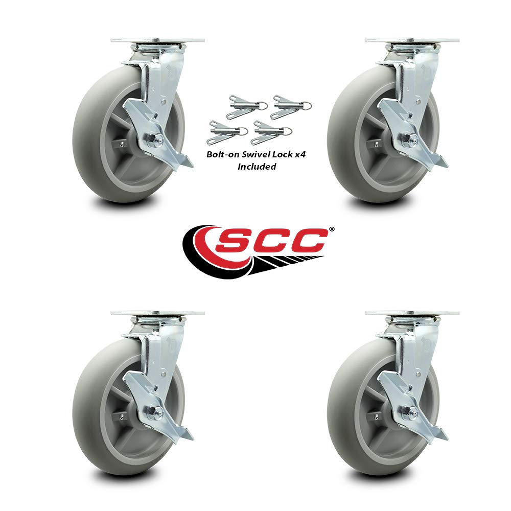 Lavex Lodging Housekeeping Cart Replacement Caster Set - 4 Swivel Casters with Brakes & Bolt-On Locks - Heavy Duty Service Casters for Hotel Housekeeping Carts & Industrial Cleaning Equipment