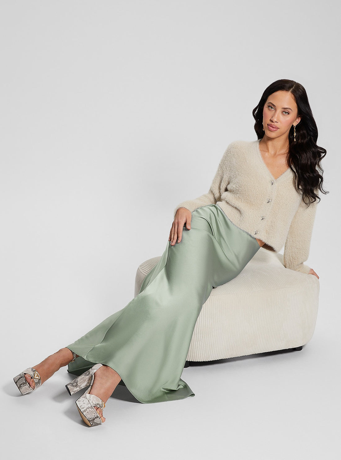 Beige Bow Button Knit Cardigan for Women - Soft Chunky Open Front Sweater - Perfect for Fall & Winter Outfits, Office Wear and Casual Dates