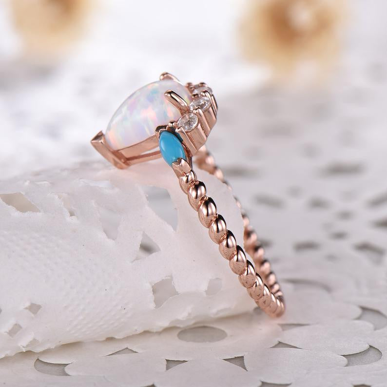 Vintage Art Deco Rose Gold Pear Shaped Opal Engagement Ring with CZ Diamond & Turquoise Accents – Elegant Bridal Jewelry for Women, Wedding, Promise, Anniversary Gift – Perfect for Proposals, Romantic Occasions & Special Celebrations