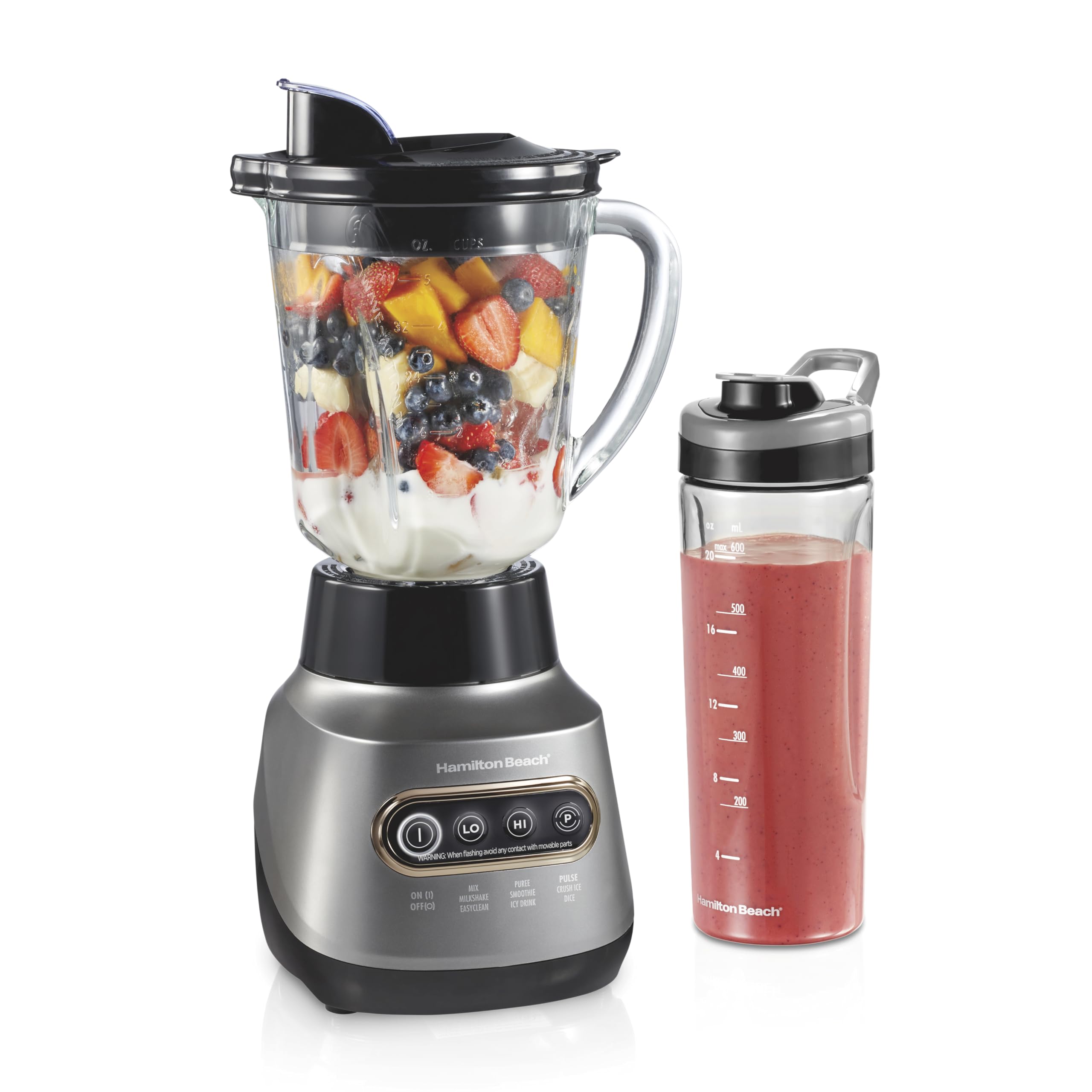 Hamilton Beach Wave Action Blender 800W - Stainless Steel Ice Crushing Blades, 40oz Glass Jar & 20oz Travel Jar - Perfect for Smoothies, Shakes, Protein Drinks - Quiet Design, Gray (58181) - Ideal for Home Kitchen, Gym, Office & Healthy Lifestyle
