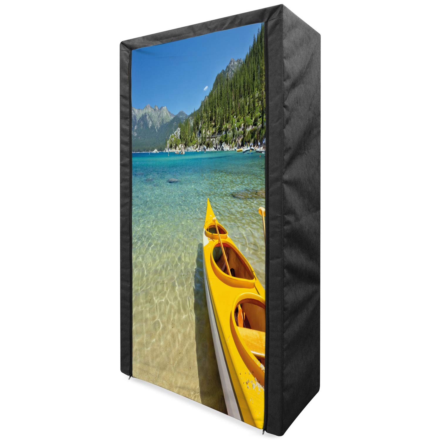 Ambesonne Lake Tahoe Portable Fabric Wardrobe with Shelves - 33.5 Inch Lime Green Turquoise Closet Organizer for Extreme Sports & Lakeside Activities - Perfect for Camping, Travel & Outdoor Adventures