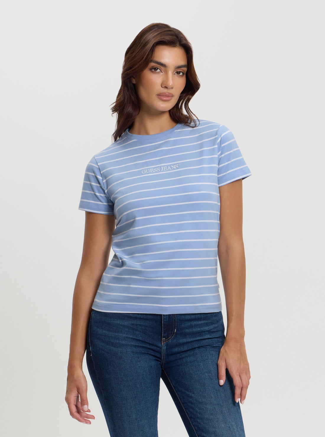 Guess Women's Blue Striped T-Shirt | Casual Short Sleeve Cotton Top for Everyday Wear | Perfect for Summer Outfits, Beach Days & Weekend Errands