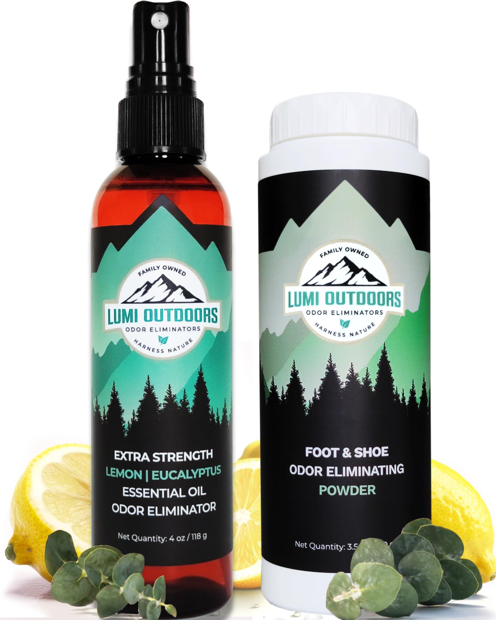 Lumi Outdoors Natural Shoe Deodorizer Spray & Foot Powder Bundle - Lemon Eucalyptus Scent | Eliminate Odor & Freshen Shoes | Perfect for Hiking, Gym & Daily Use