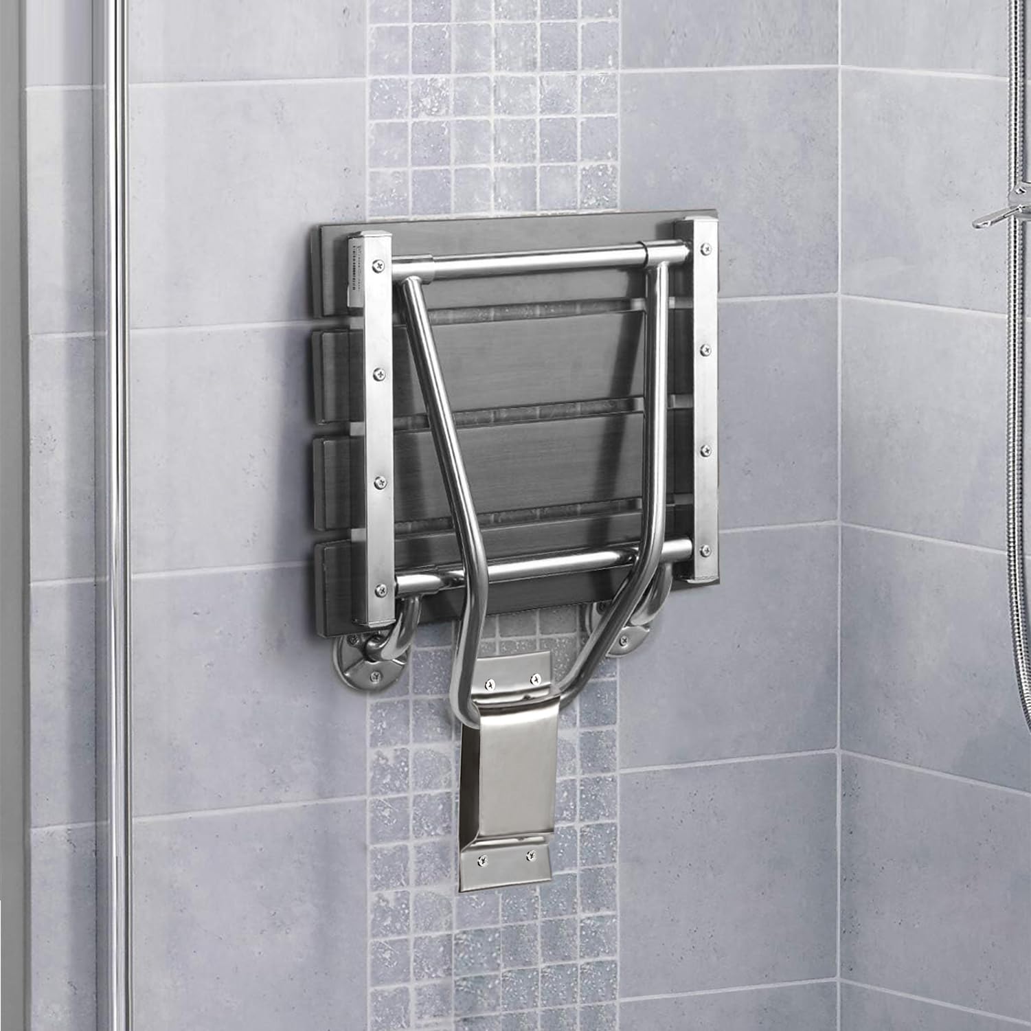 Foldable Wall-Mounted Shower Seat & Bench - Sturdy 350lb Capacity Shower Chair for Small Bathroom Spaces - Collapsible Shower Stool for Bathtub Safety - Plastic Wood Black Finish - Ideal for Elderly, Disabled & Space-Saving Bathroom Designs