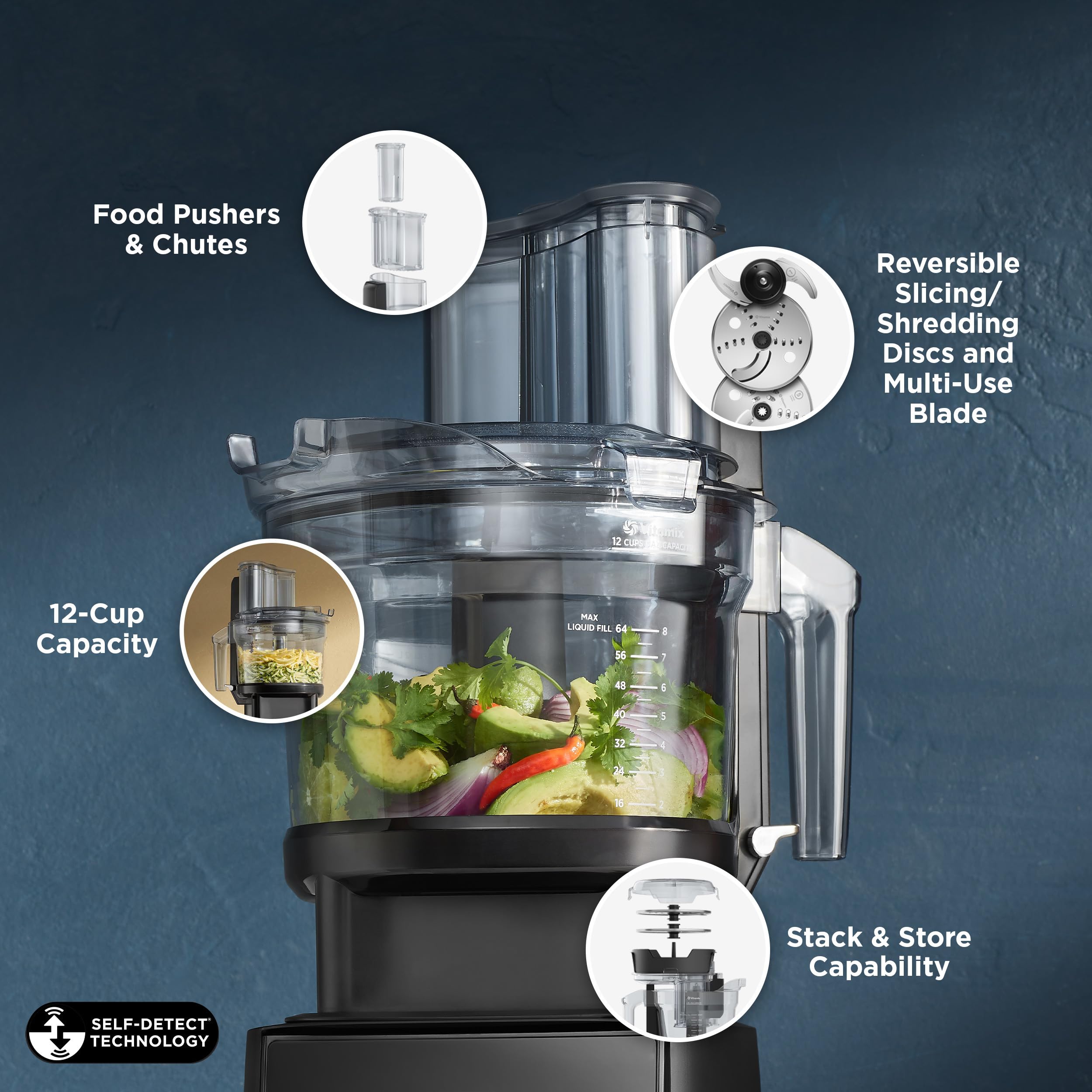 Vitamix 12-Cup Food Processor Attachment with SELF-DETECT™ Technology - Compatible with Ascent & Venturist Series Blenders - Perfect for Chopping, Slicing & Shredding - Ideal for Meal Prep, Smoothies & Healthy Cooking (Black)