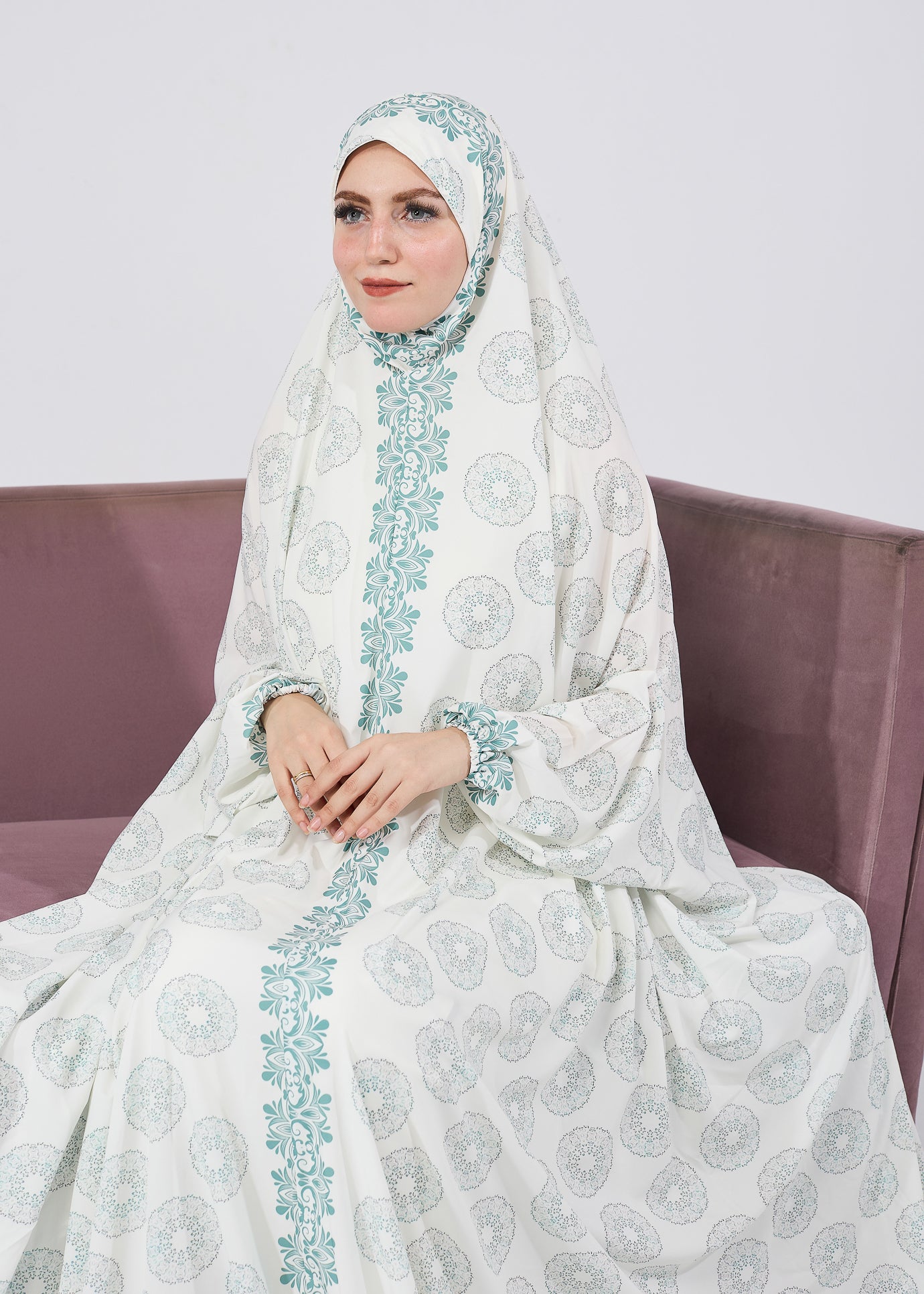 Elegant Floral Satin Prayer Gown for Women - Long Sleeve Extended Coverage Islamic Dress - Perfect for Salah, Eid, Ramadan & Special Occasions