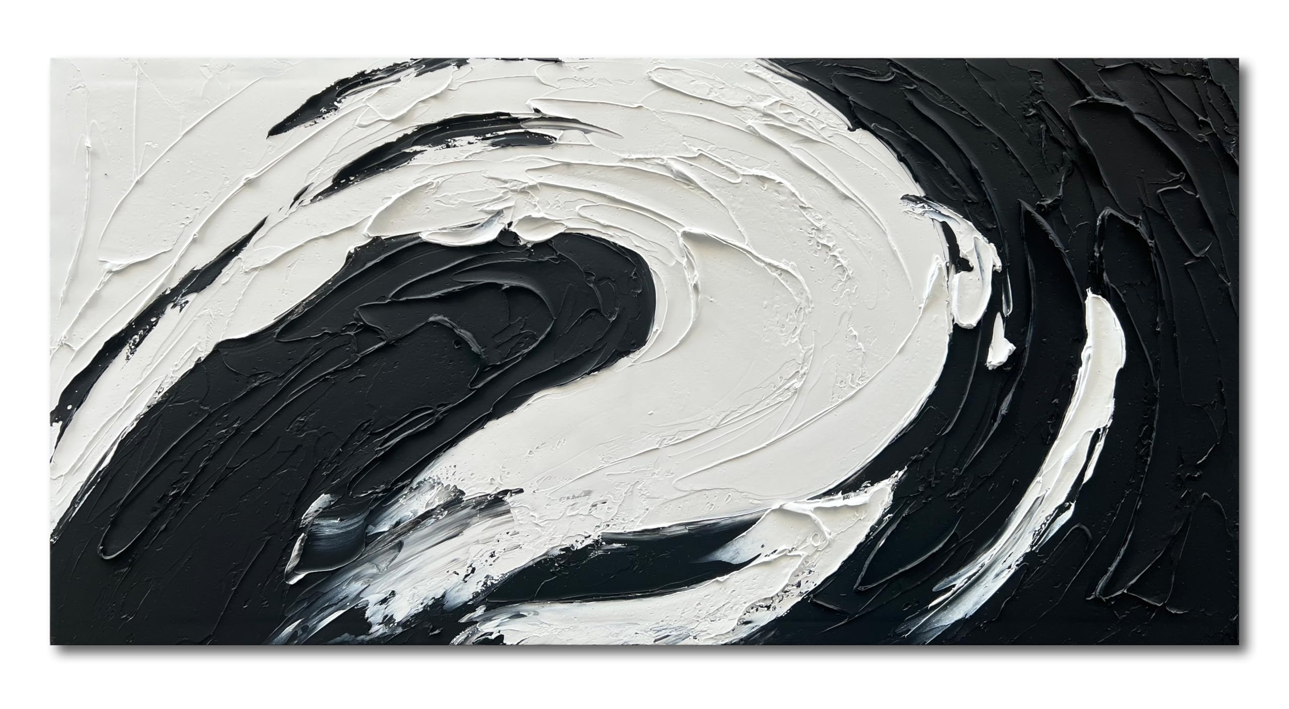 Hand Painted Minimalist Black and White Abstract Oil Painting - 24x48 Inch Modern Wall Art for Home & Office Decor | Perfect for Living Room, Bedroom or Workspace