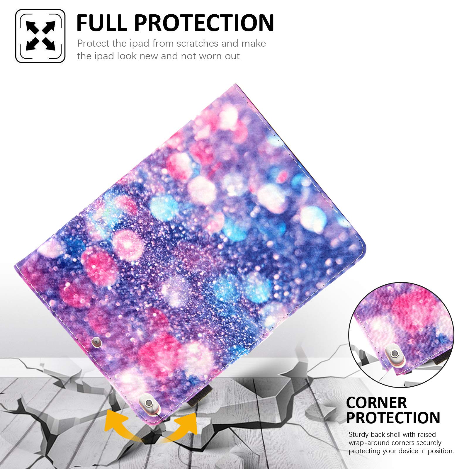 Dteck 9.7-Inch Magnetic Stand Synthetic Leather Smart Wallet Case for iPad 6th/5th Gen (2018/2017), iPad Air 2/1 - Protective Fold Cover with Kickstand (Purple Bubbles) | Perfect for Work, Travel & Home Use