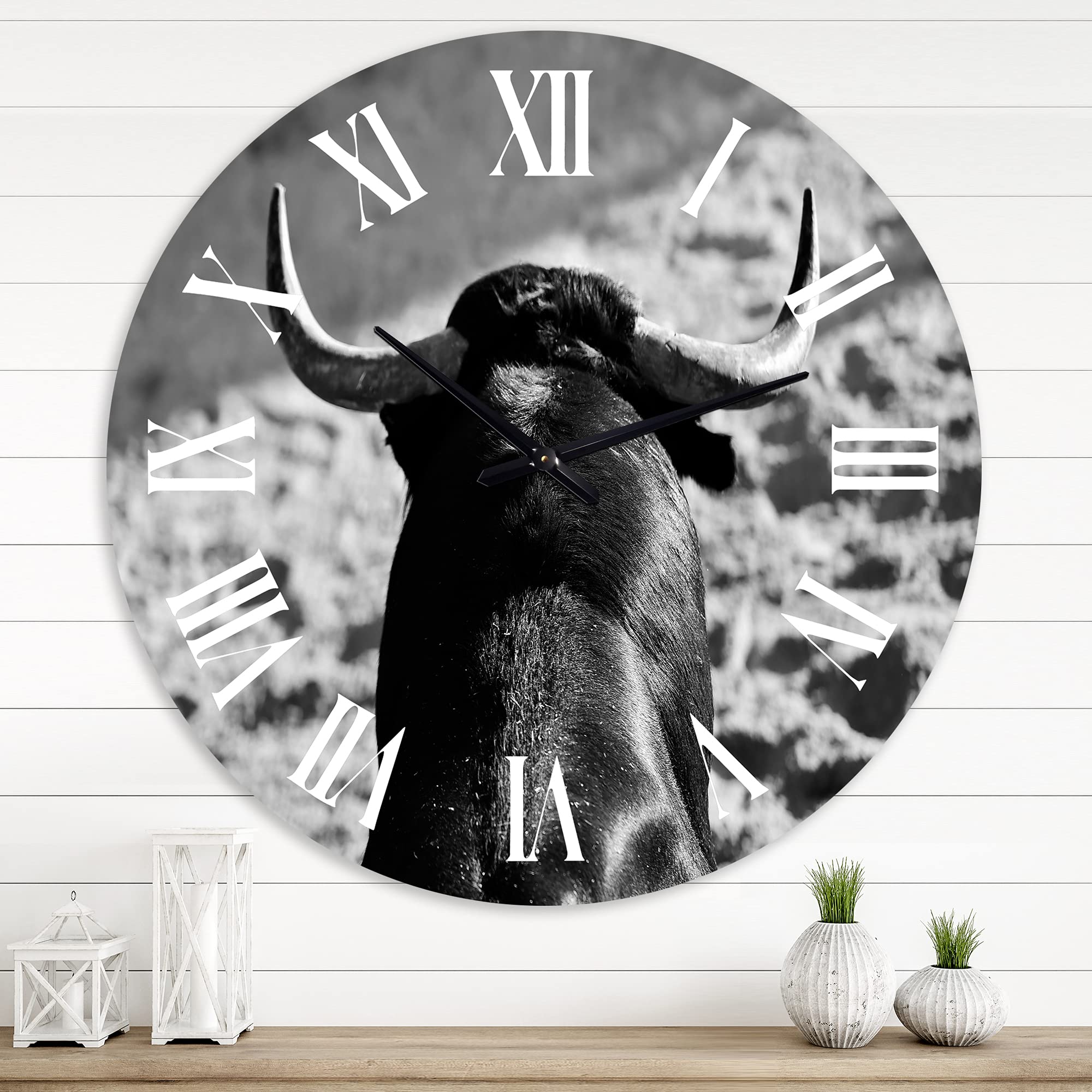 Farmhouse Wall Clock - Large Monochrome Spanish Bull Portrait II - Rustic Office Decor & Home Wall Art - Perfect for Living Room, Bedroom, or Study