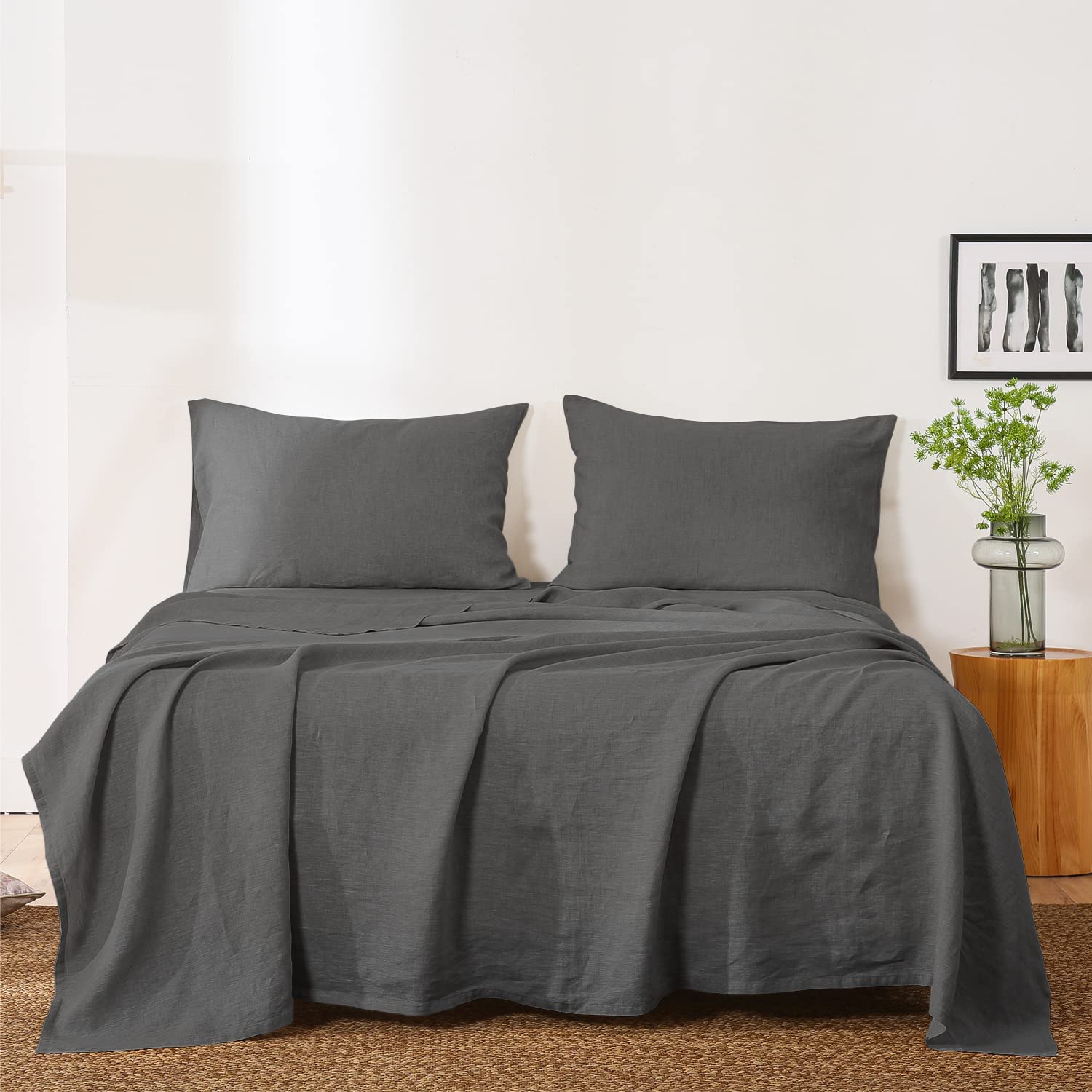 Premium French Flax Linen Sheet Set Queen Size - 4PC Breathable & Soft Bedding with Deep Pocket (Dark Grey) for Luxury Comfort - Perfect for Hot Sleepers & Eco-Friendly Home Decor
