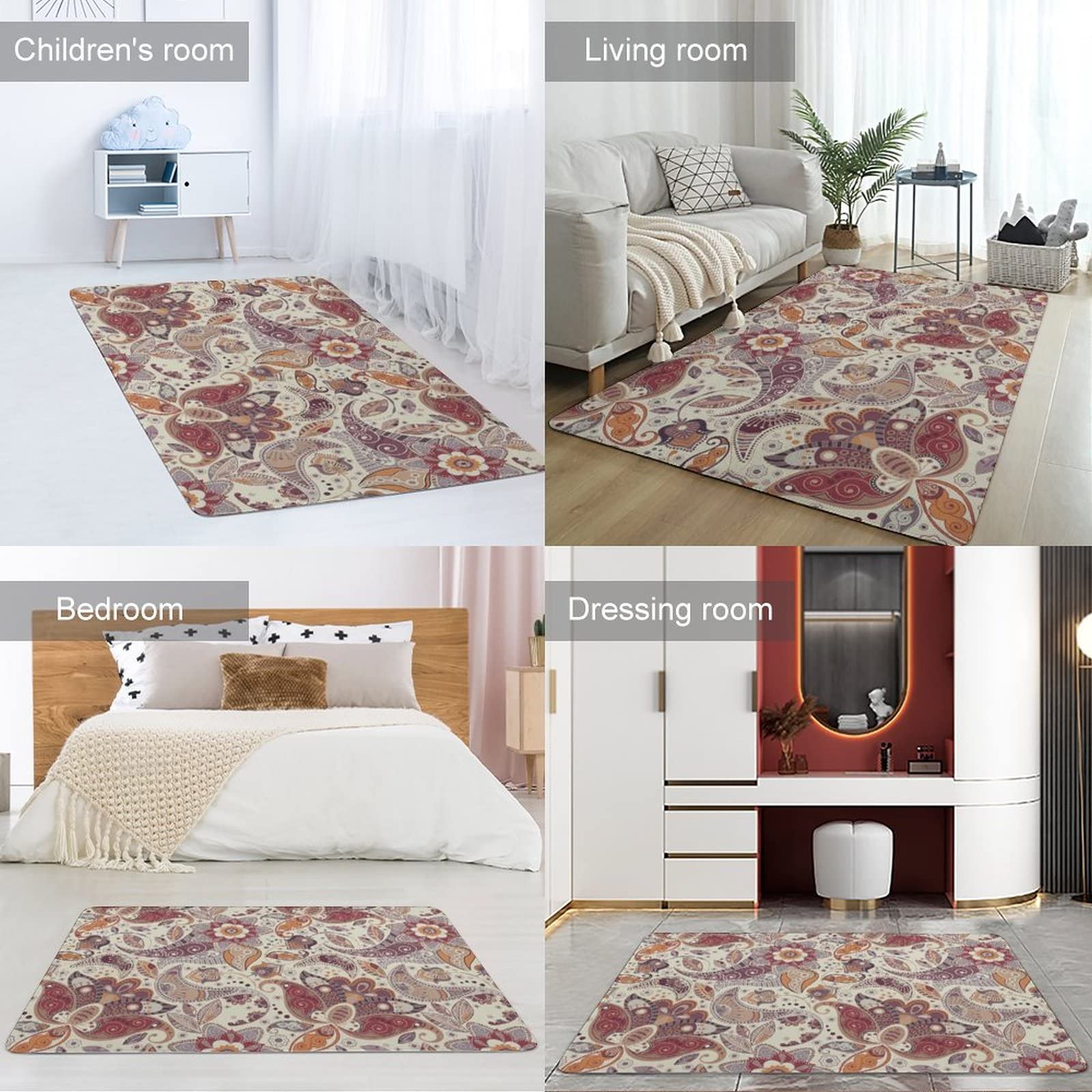 Boho Paisley Floral Aztec Kids Rug - Non-Slip Foldable Area Carpet 5x6.5ft for Girls Teens - Nursery, Bedroom, Living Room, Playroom & Dorm Decor - Soft Floor Mat for Home, Yoga & Play Areas