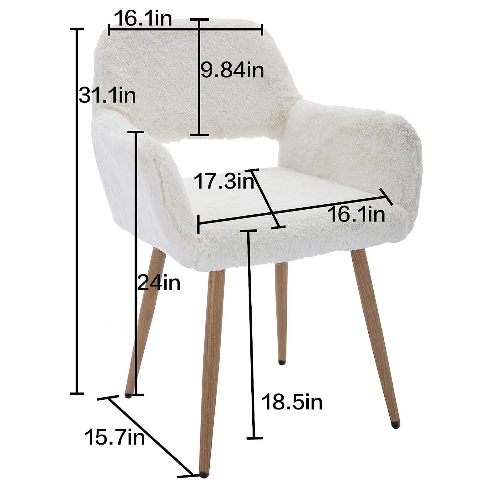 Luxury White Faux Fur Office Chair with Wood Finish Metal Legs - Soft Fluffy Vanity Chair for Girls & Teens - Perfect for Home Office, Makeup Desk, Dining Room & Study Area