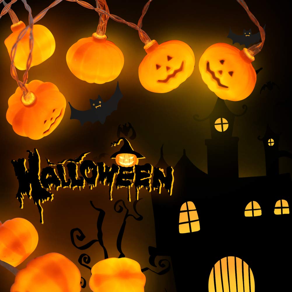 Halloween LED Pumpkin String Lights - 3D Waterproof Orange Jack-O-Lantern with 20 LEDs & 8 Lighting Modes | Battery Operated Indoor/Outdoor Decor for Parties, Porch, Yard, and Holiday Celebrations