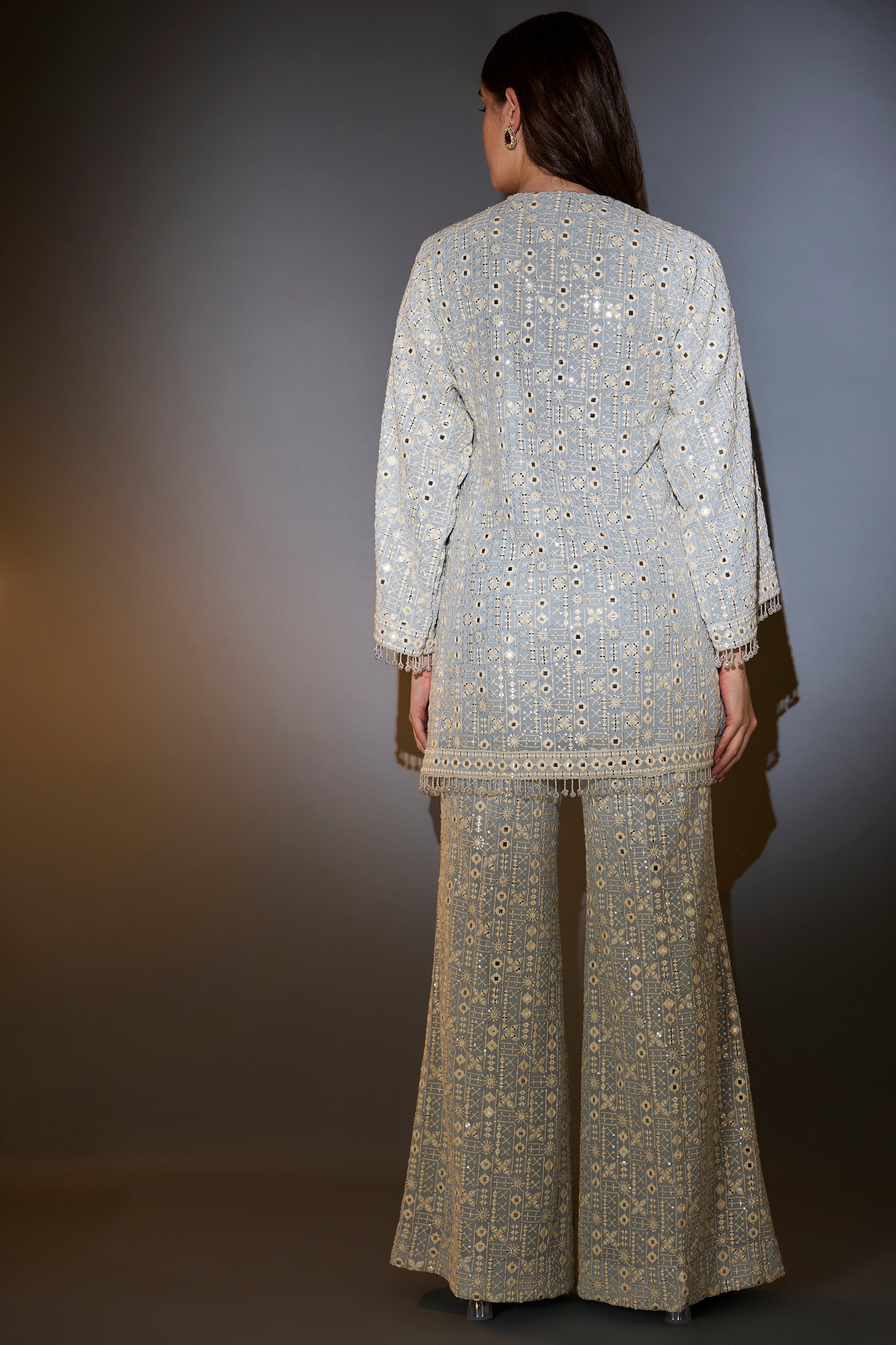 Elegant Powder Blue Co-Ord Set with Intricate Thread, Mirror & Sequin Embroidery - Embellished Tassels & Detailed Edging for Women | Perfect for Parties, Weddings & Special Occasions