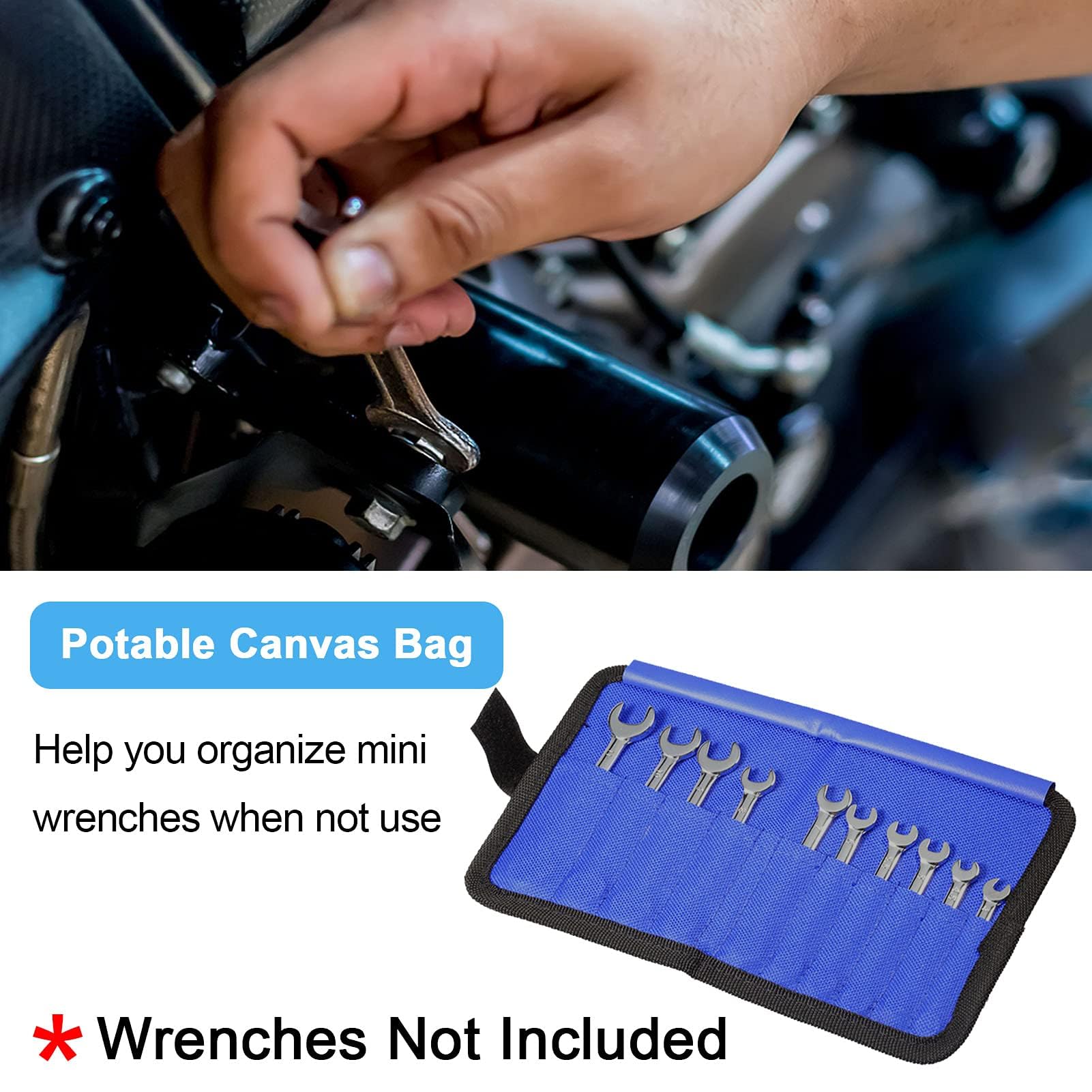 SPEEDWOX 10-Pocket Wrench Tool Storage Bag - Canvas Tool Pouch Organizer for Mini Wrenches (Metric 4-11mm) with Protective Flap - Durable Blue Tool Organizer for Mechanics, DIY Projects & Home Repair