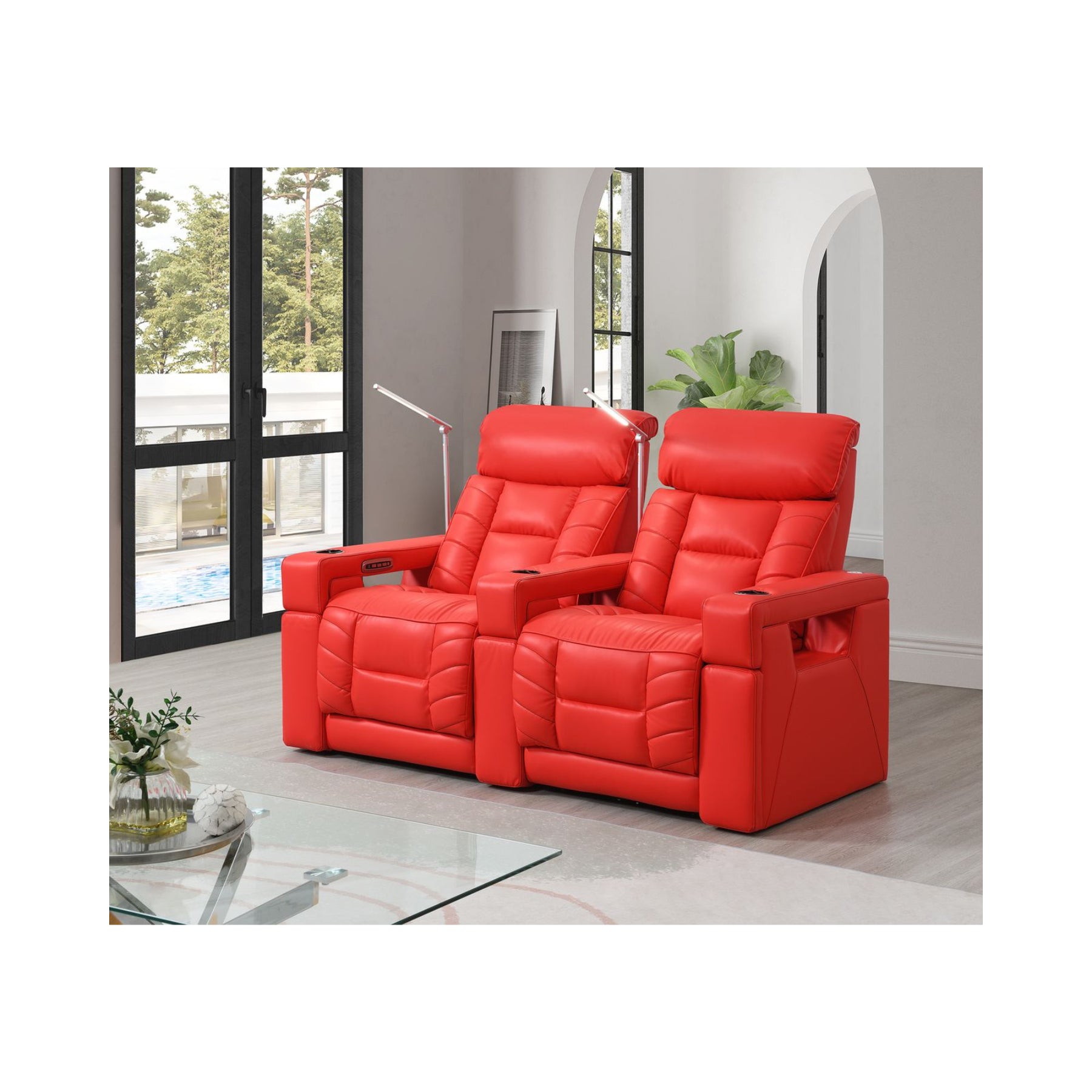 RowOne Double Recliner Sofa - Comfortable 2-Seater Reclining Loveseat for Living Room, Home Theater & Family Room - PU Leather Recliner Couch with Cup Holders and USB Charging Ports