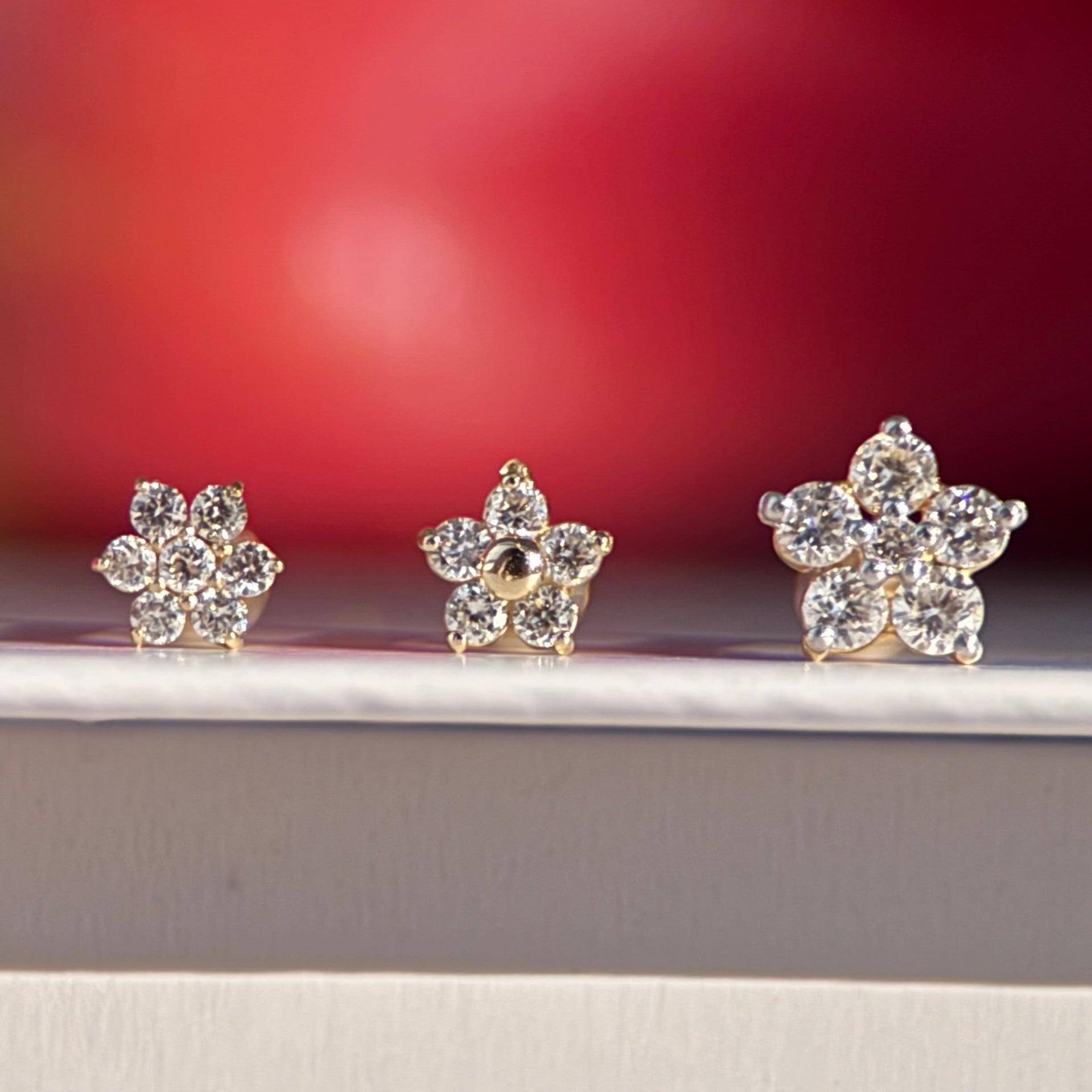 14k Rose Gold Five Diamond Flower Stud Earrings for Women - Elegant Floral Flat Back Earrings for Daily Wear & Special Occasions