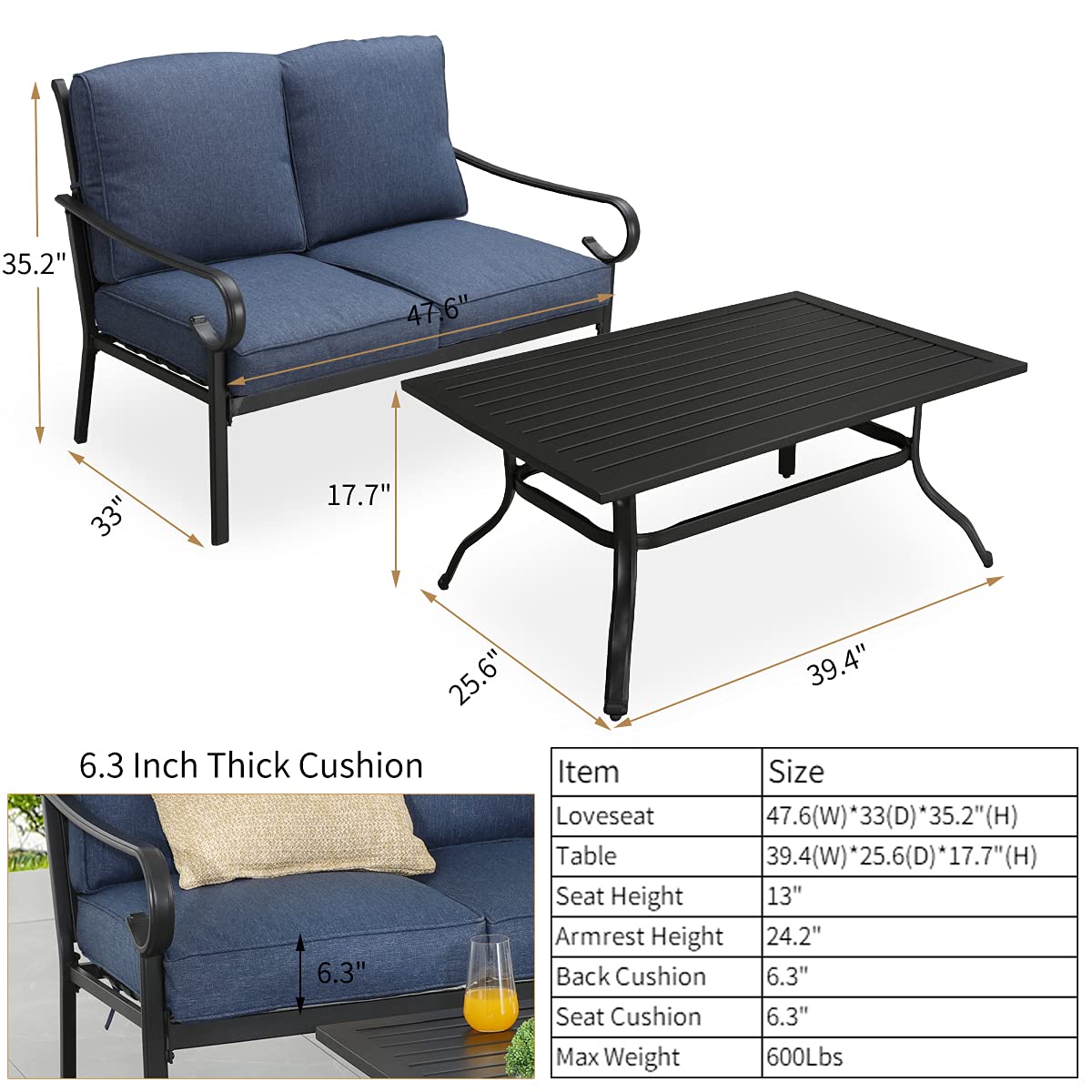 PatioFestival 2-Person Outdoor Loveseat Bench with 6.3 Inch Cushion & Coffee Table - All-Weather Steel Frame Patio Furniture for Garden, Deck, Backyard & Poolside Relaxation